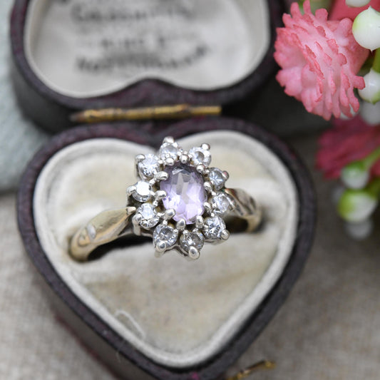 Vintage Sterling Silver Amethyst CZ Halo Flower Ring 1991 by Bracelon - Golsil Gold Plated Cocktail Ring | UK Size - L | US Size - 5 3/4