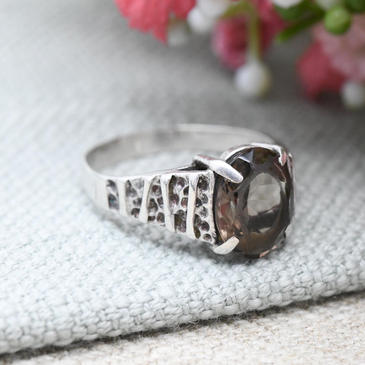 Vintage Brutalist Sterling Silver Smoky Quartz Ring - Mid-Century Faceted Brown Gemstone Solitaire | UK Size - P 1/2 | US Size - 8