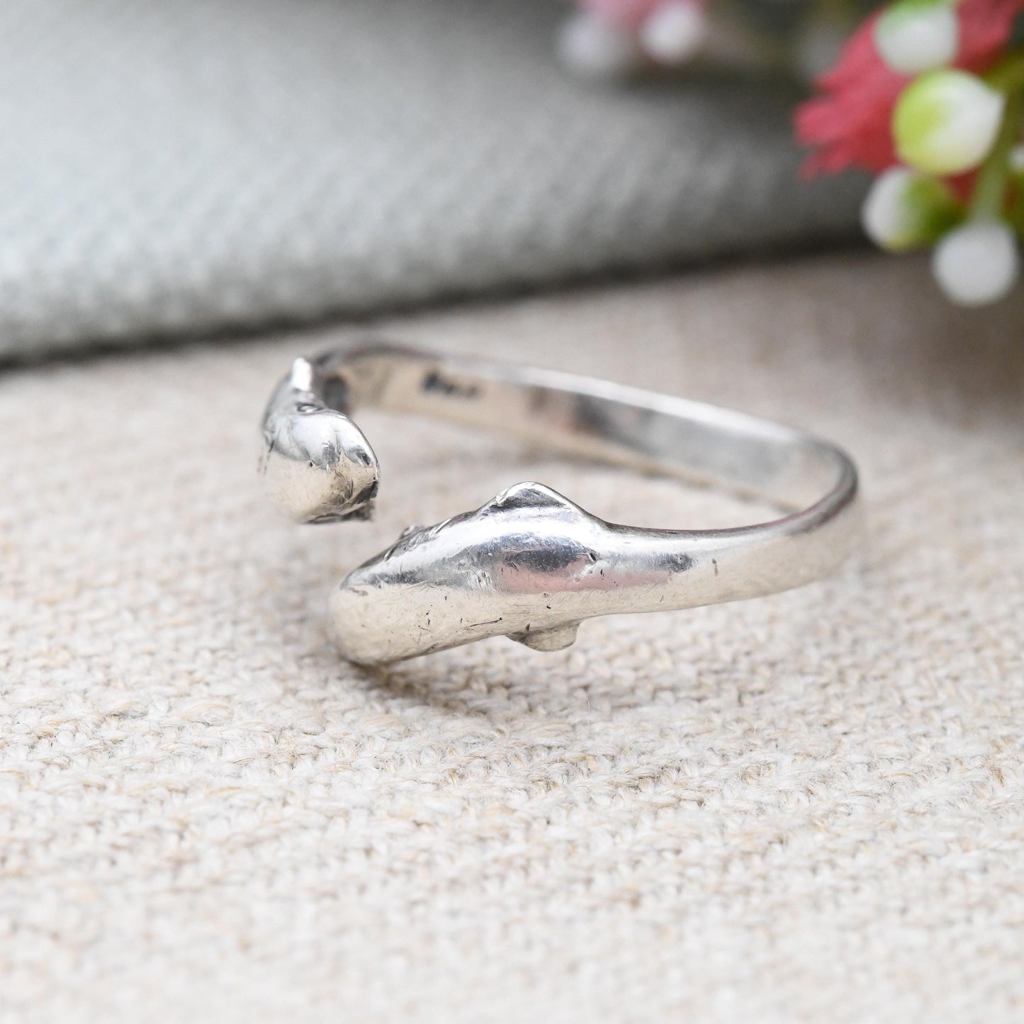 Vintage Sterling Silver Dolphins Ring Bypass - Novelty Sea Animal | Nature Lover | Open Band Adjustable Size | UK Size - N 1/2 | US Size - 7