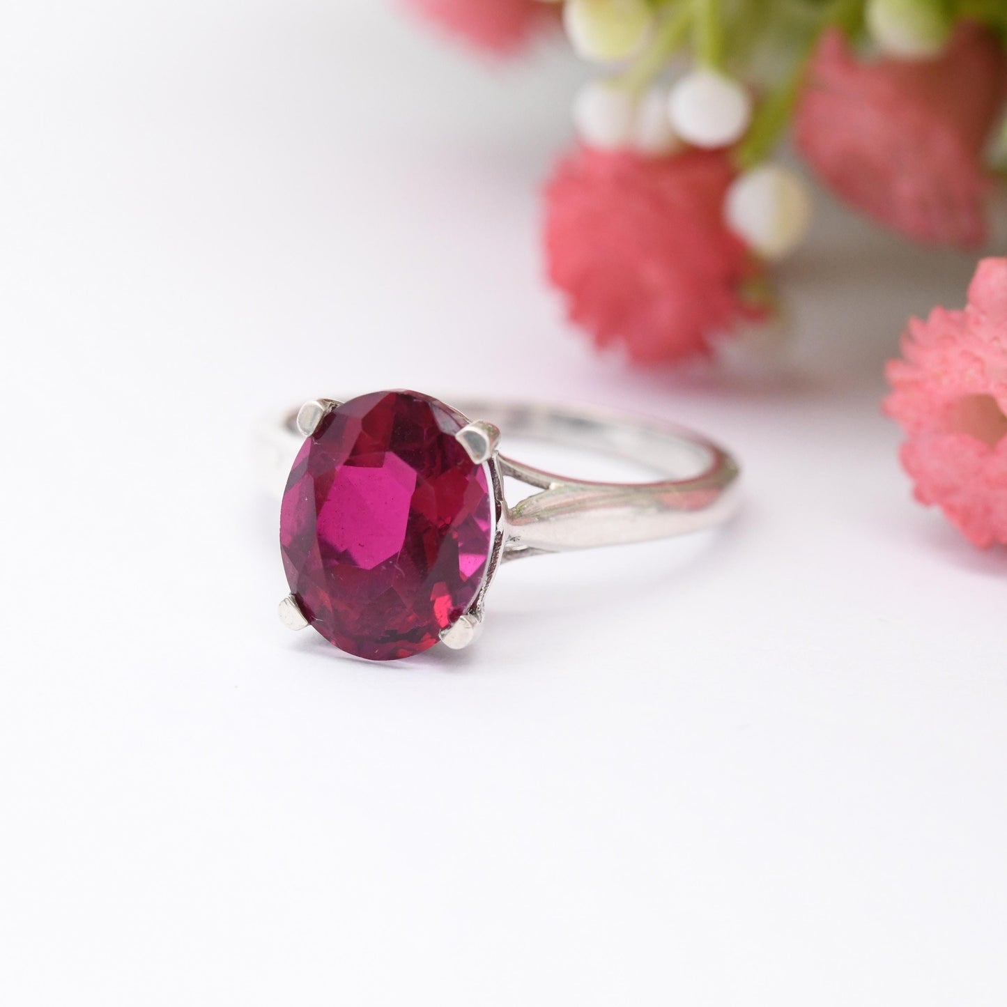 Vintage Silver Pink Stone Ring - Statement Large Faceted Stone Solitaire | Pretty Gift for Her | UK Size - M | US Size - 6 1/4