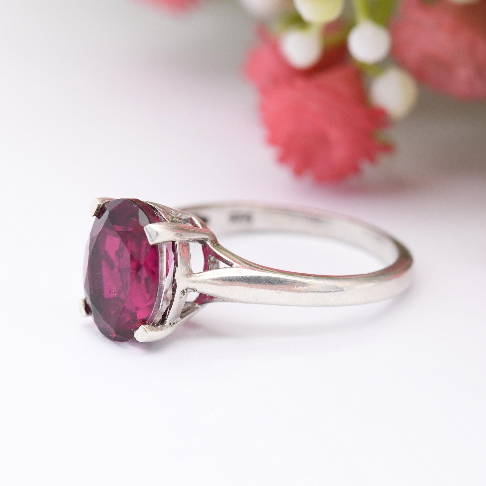 Vintage Silver Pink Stone Ring - Statement Large Faceted Stone Solitaire | Pretty Gift for Her | UK Size - M | US Size - 6 1/4