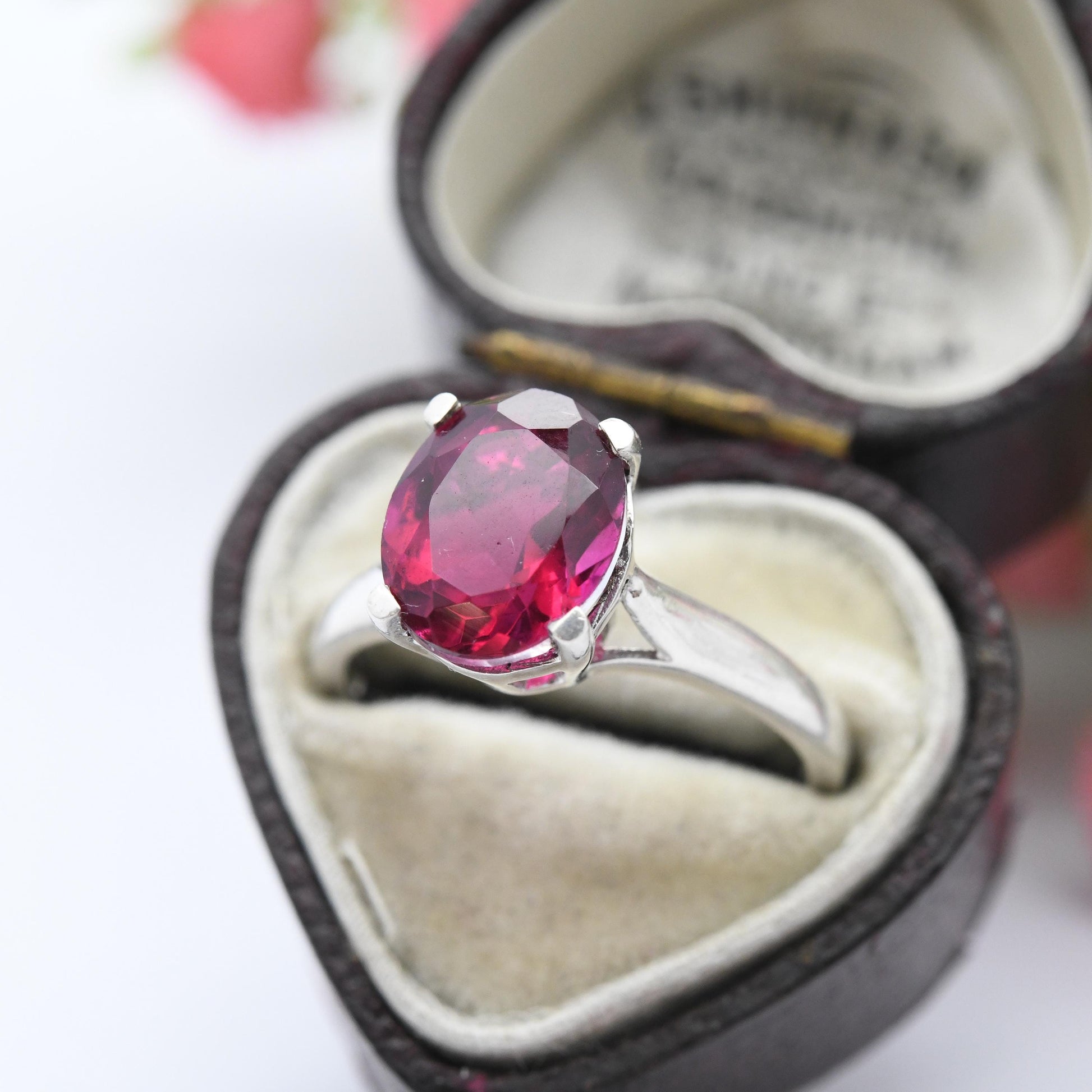 Vintage Silver Pink Stone Ring - Statement Large Faceted Stone Solitaire | Pretty Gift for Her | UK Size - M | US Size - 6 1/4