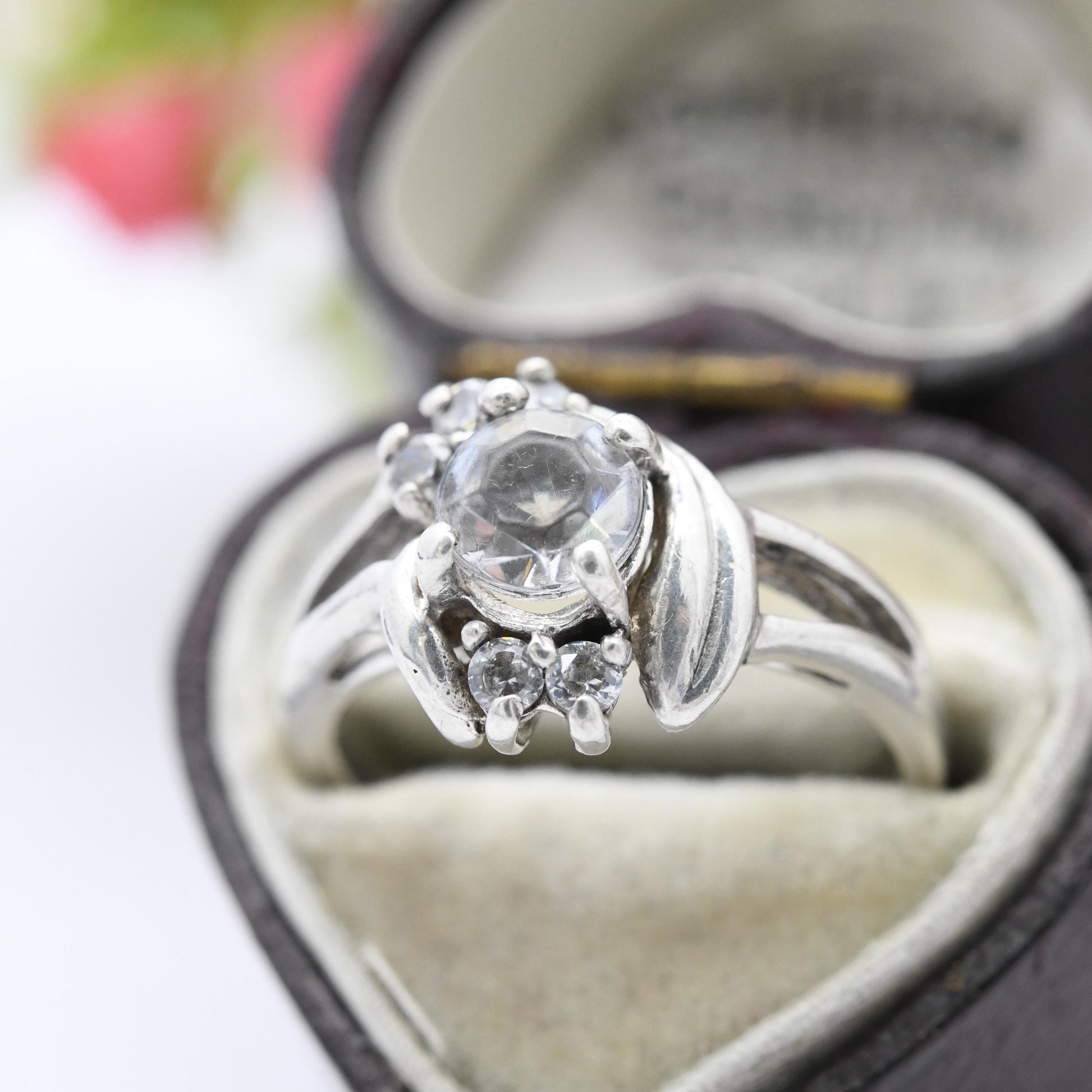 Vintage Sterling Silver Cubic Zirconia Ring with Twist Design - Large White Stone CZ Statement Pretty Gift | UK Size - L | US Size - 5 3/4