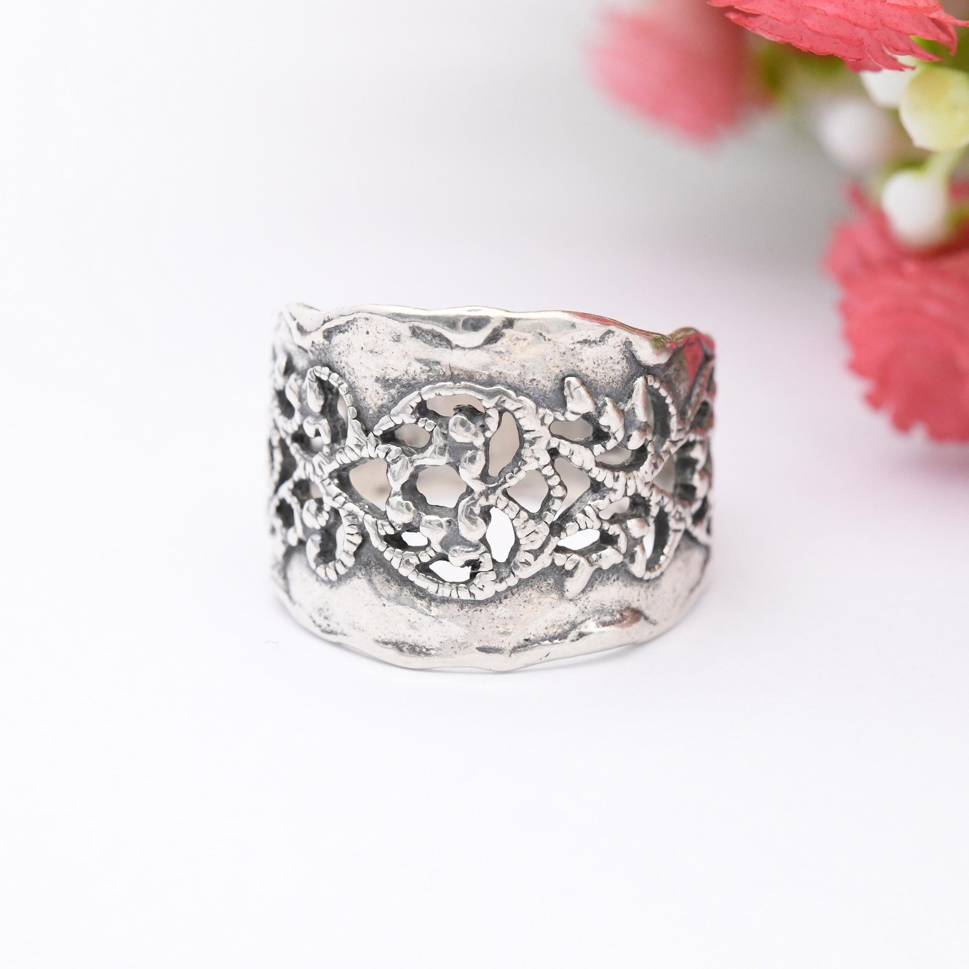 Vintage Israel Sterling Silver Wide Band Ring - Chunky Knuckle Ring Openwork Modernist Style Israeli Jewellery | UK Size - M US Size - 6 1/4