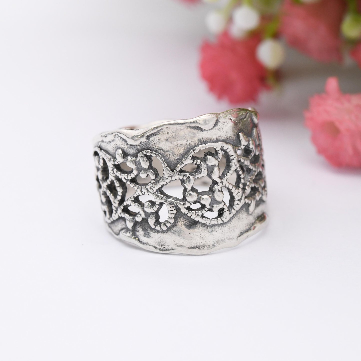 Vintage Israel Sterling Silver Wide Band Ring - Chunky Knuckle Ring Openwork Modernist Style Israeli Jewellery | UK Size - M US Size - 6 1/4