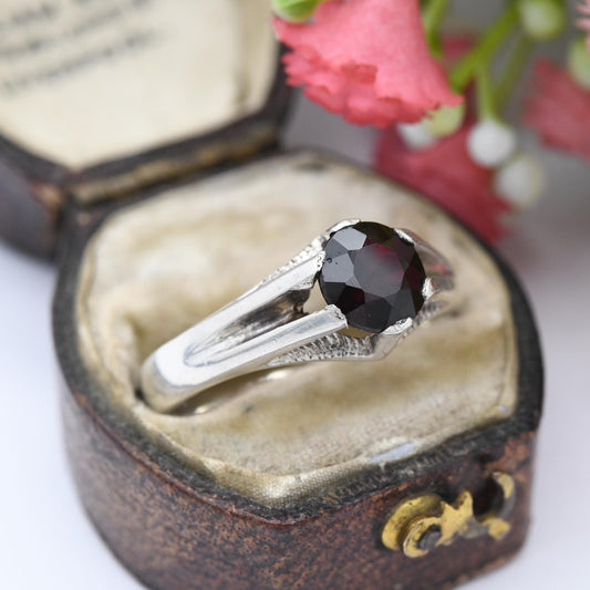 Vintage Sterling Silver Garnet Solitaire Ring - Mid-Century Modern Faceted Red Stone Ring | Pretty Gift for Her | UK Size - S | US Size - 9