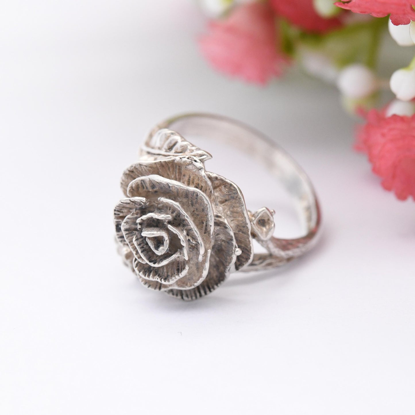 Vintage Sterling Silver Rose Ring 1975 Paul Edward Bunn - Modernist Flower Floral Shape Pretty Gift for Her | UK Size - L | US Size - 5 3/4