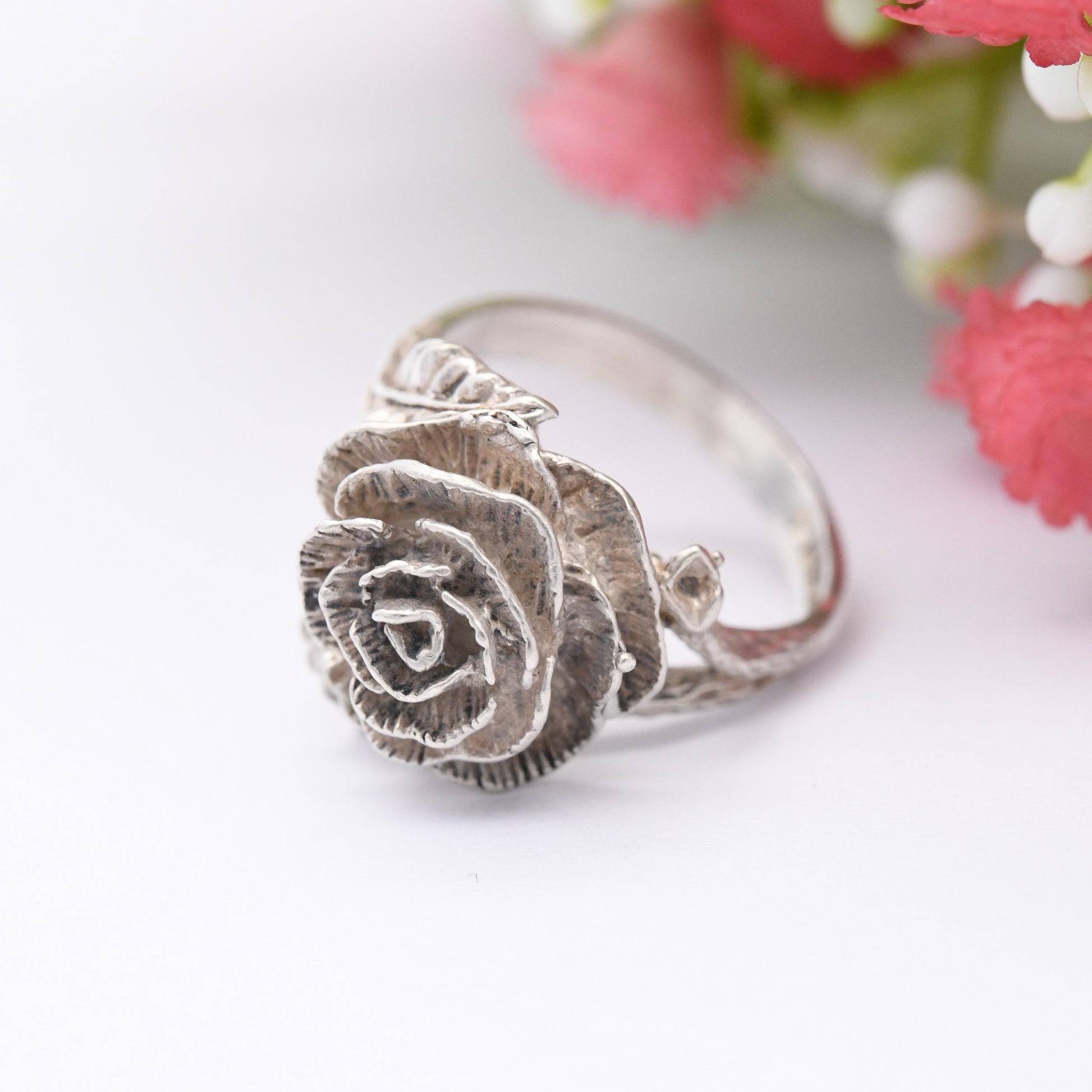 Vintage Sterling Silver Rose Ring 1975 Paul Edward Bunn - Modernist Flower Floral Shape Pretty Gift for Her | UK Size - L | US Size - 5 3/4