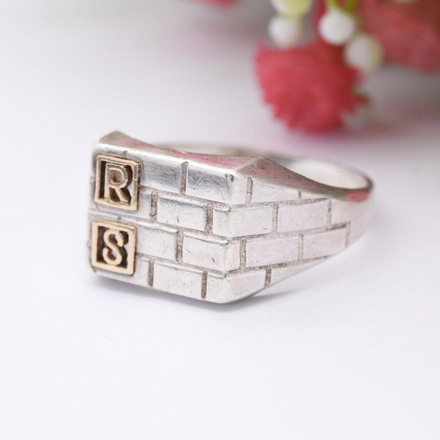 Vintage Sterling Silver and Gold Initial Signet Ring RS - Brickwork Design Large Unusual Personalised Ring | UK Size - Y | US Size - 12