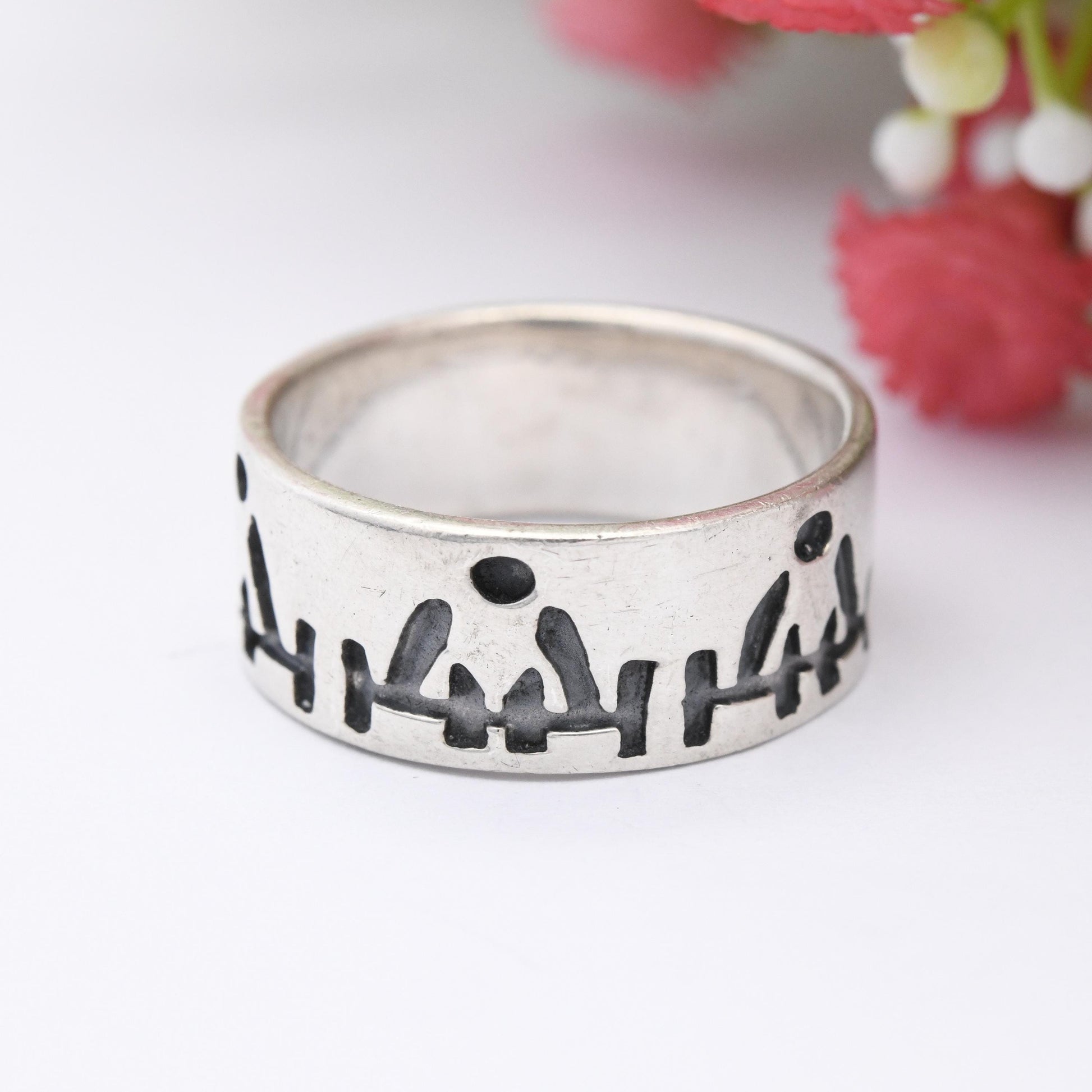 Vintage Sterling Silver Weightlifting Band Ring - Weightlifter Figures Unisex Gift for Athlete Wide Band | UK Size - R | US Size - 8 1/2