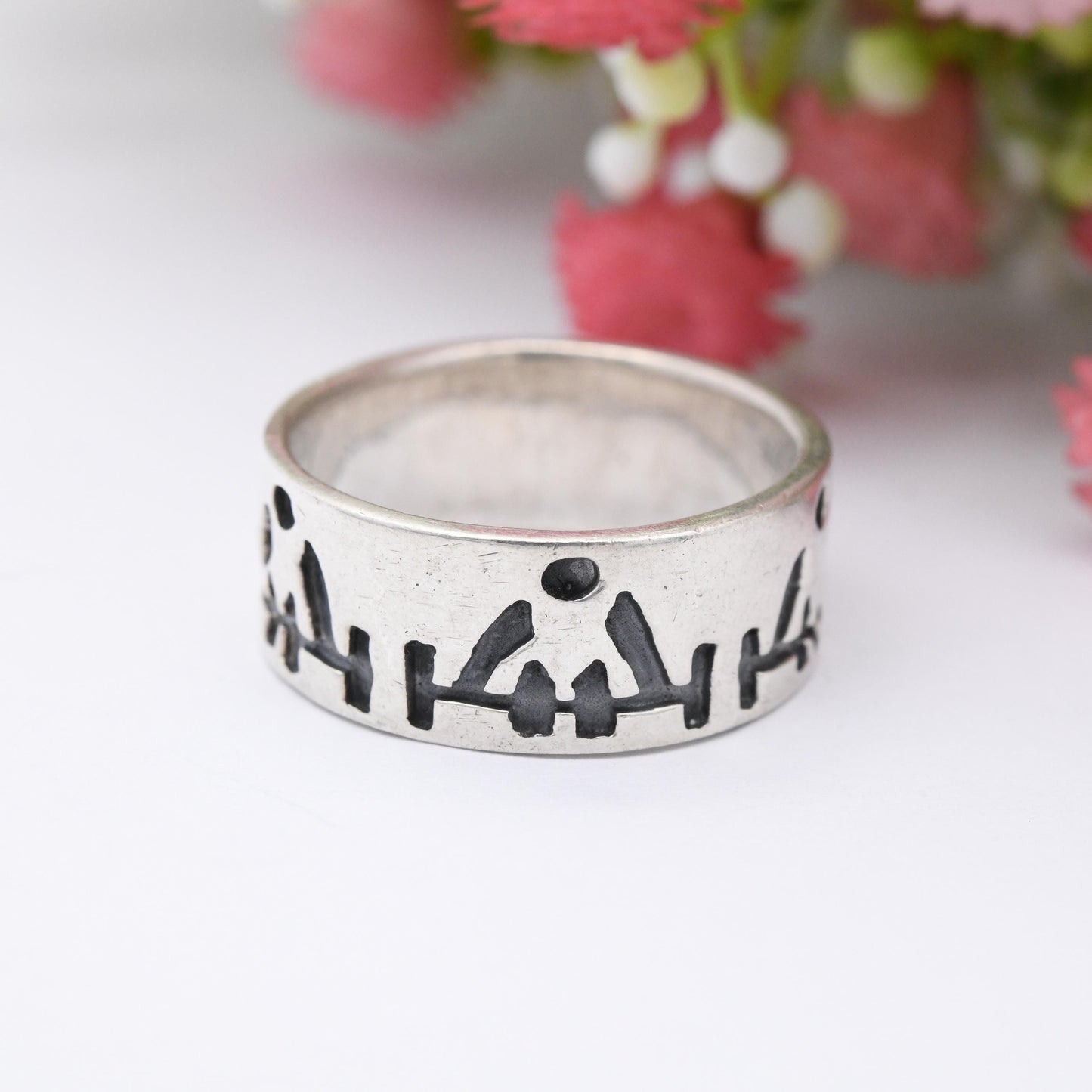 Vintage Sterling Silver Weightlifting Band Ring - Weightlifter Figures Unisex Gift for Athlete Wide Band | UK Size - R | US Size - 8 1/2