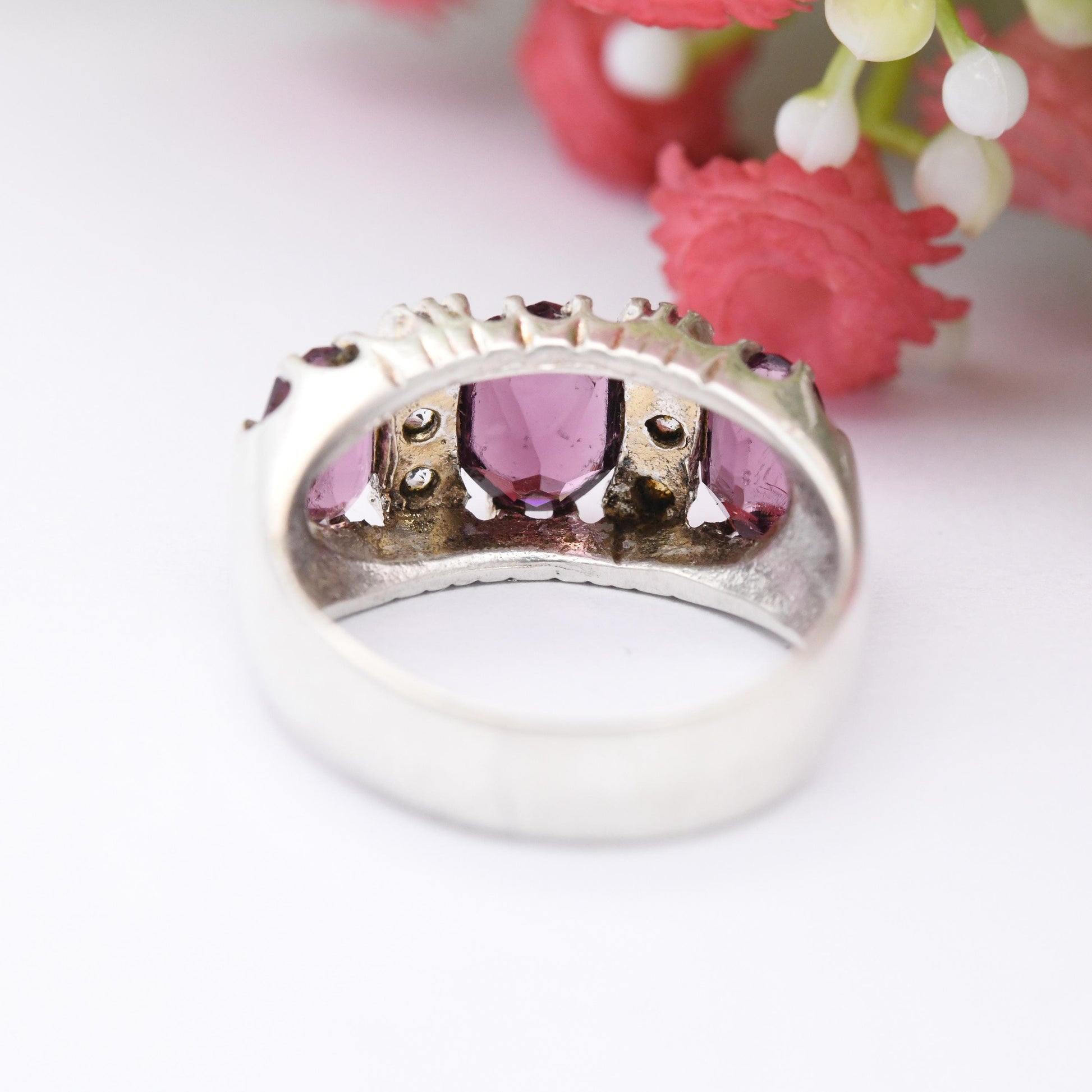 Vintage Sterling Silver Purple Paste Three Stone Ring with Clear Stone Accents - Victorian Revival | UK Size - J 1/2 | US Size - 5