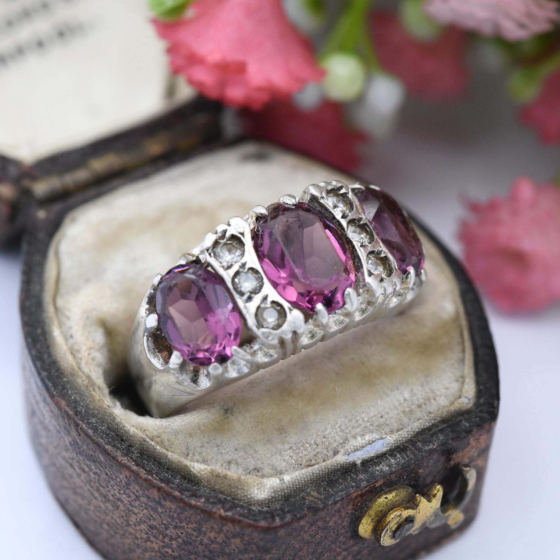 Vintage Sterling Silver Purple Paste Three Stone Ring with Clear Stone Accents - Victorian Revival | UK Size - J 1/2 | US Size - 5