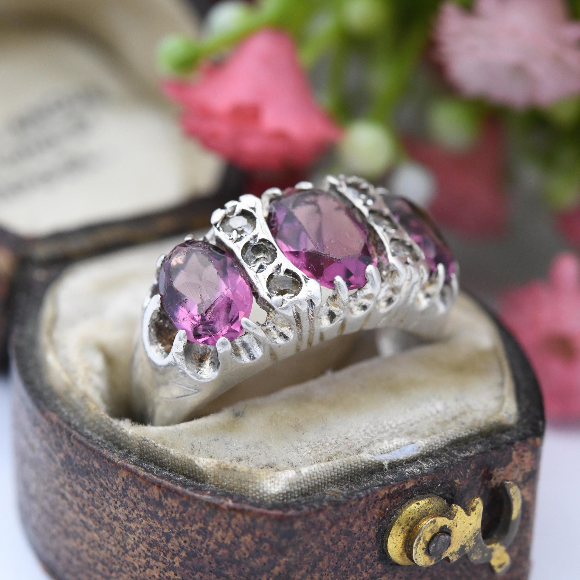 Vintage Sterling Silver Purple Paste Three Stone Ring with Clear Stone Accents - Victorian Revival | UK Size - J 1/2 | US Size - 5