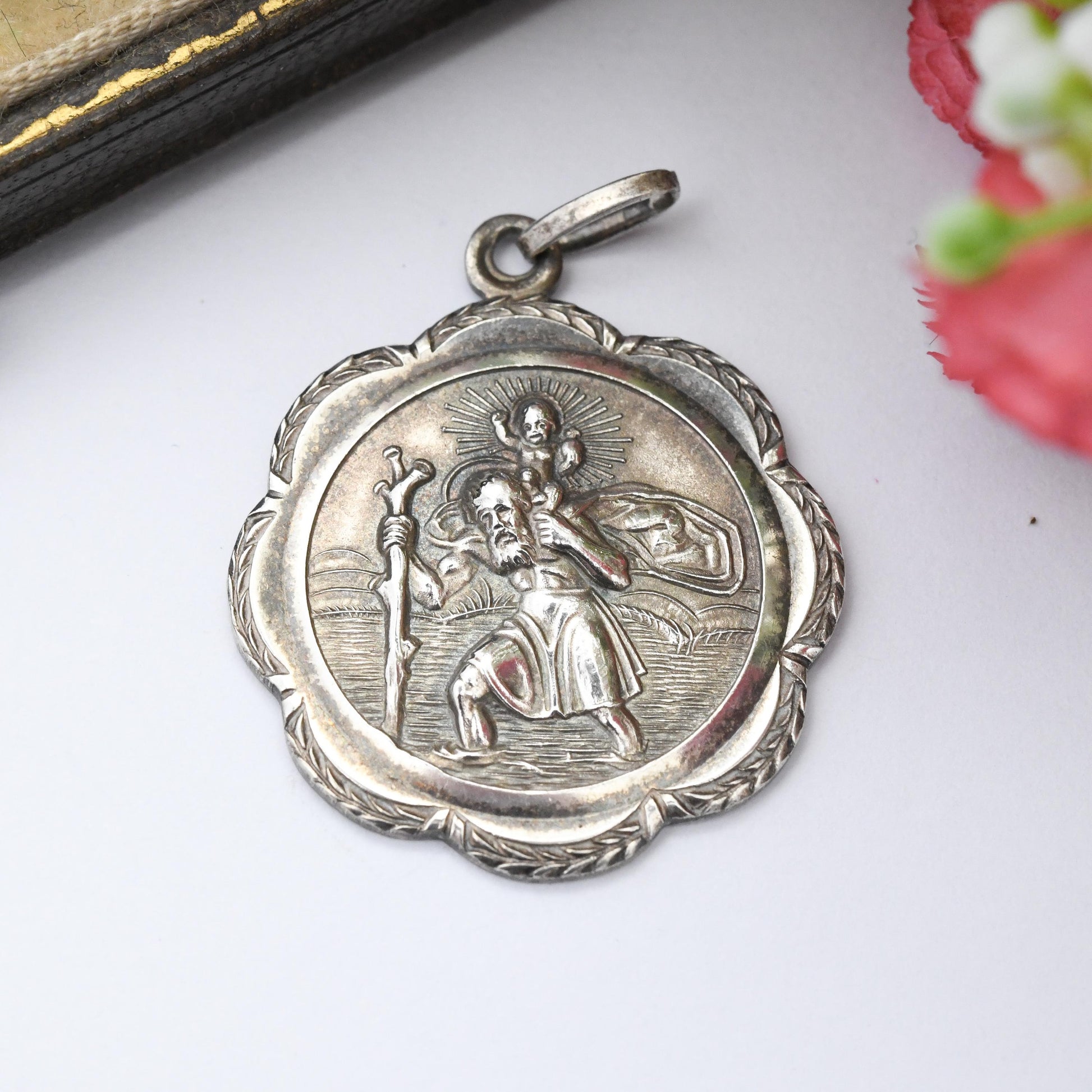 Vintage Sterling Silver St. Christopher Protect Us Pendant with Engraving - Wreath Border Detailed Raised Design Patron Saint of Travellers