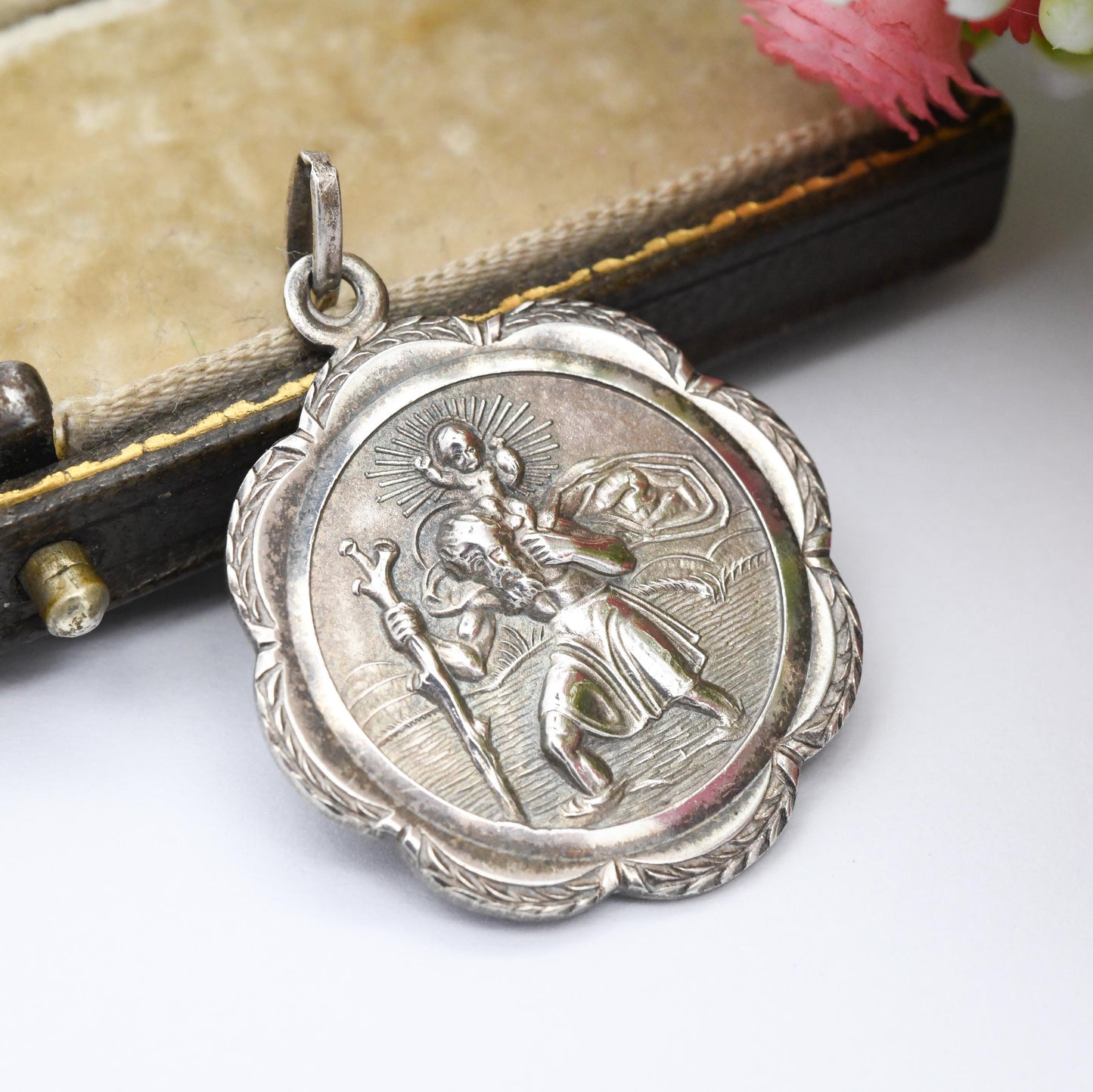 Vintage Sterling Silver St. Christopher Protect Us Pendant with Engraving - Wreath Border Detailed Raised Design Patron Saint of Travellers