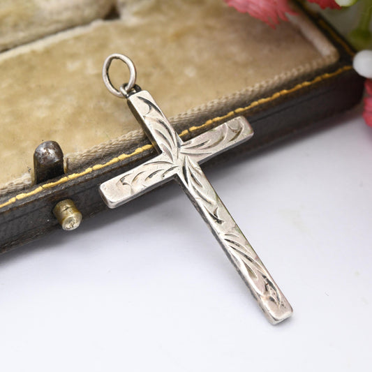 Vintage Sterling Silver Cross Pendant with Engraved Design AJH - Pretty Christian Gift for Baptism Christening | Charm Necklace Stack