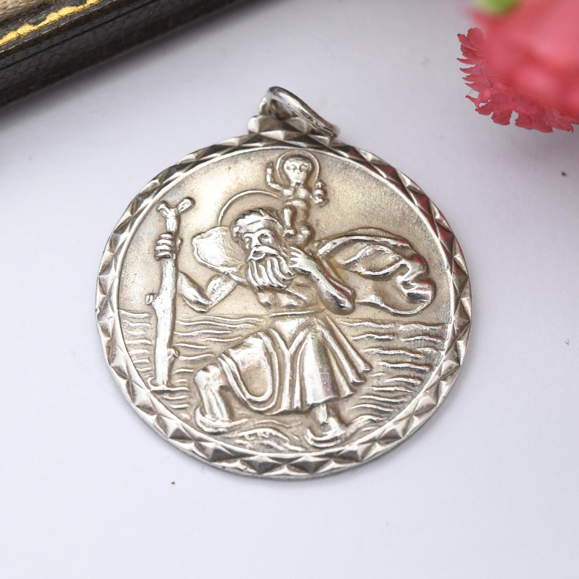 Vintage Sterling Silver St. Christopher Pendant Carrying Baby Jesus Through Water - Mi-Century 3D Detailed Textured Pendant Travellers Saint