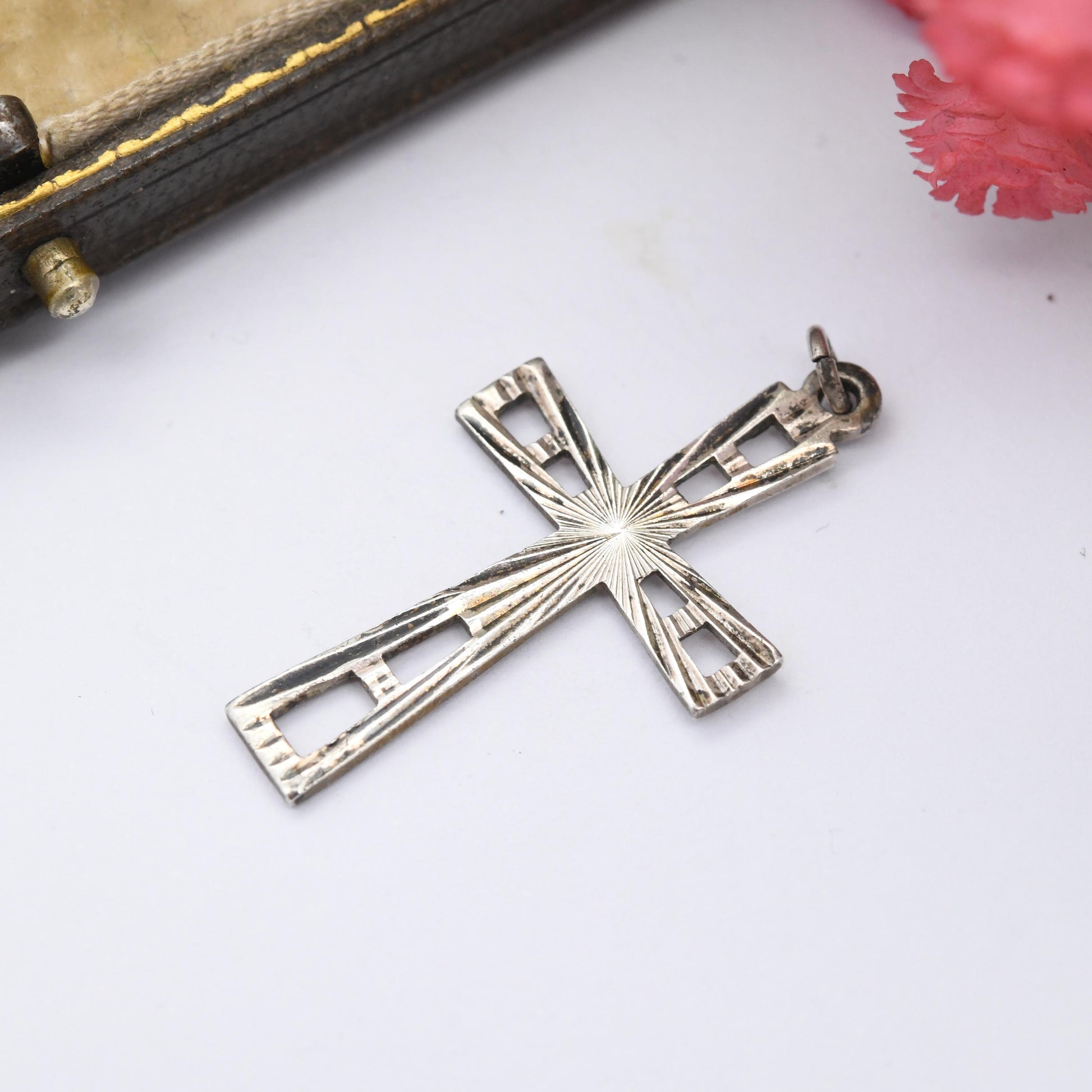 Vintage Sterling Silver Cross Pendant with Cut Star Design - Mid-Century Textured Cross | Christian Gift for Baptism Christening