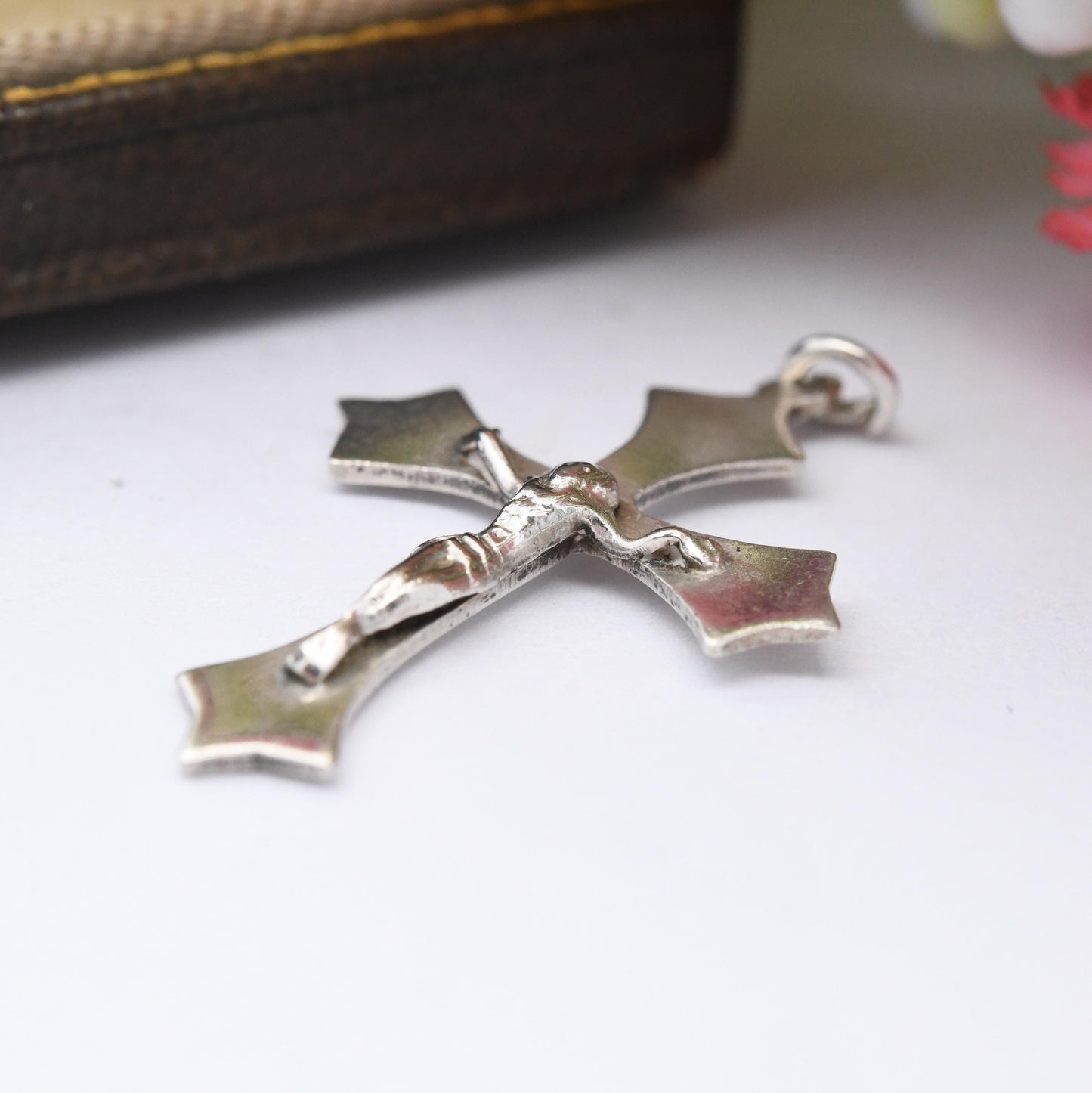 Vintage Sterling Silver Christ on the Cross Pendant - Flared Edges Stylised Cross Antique Style