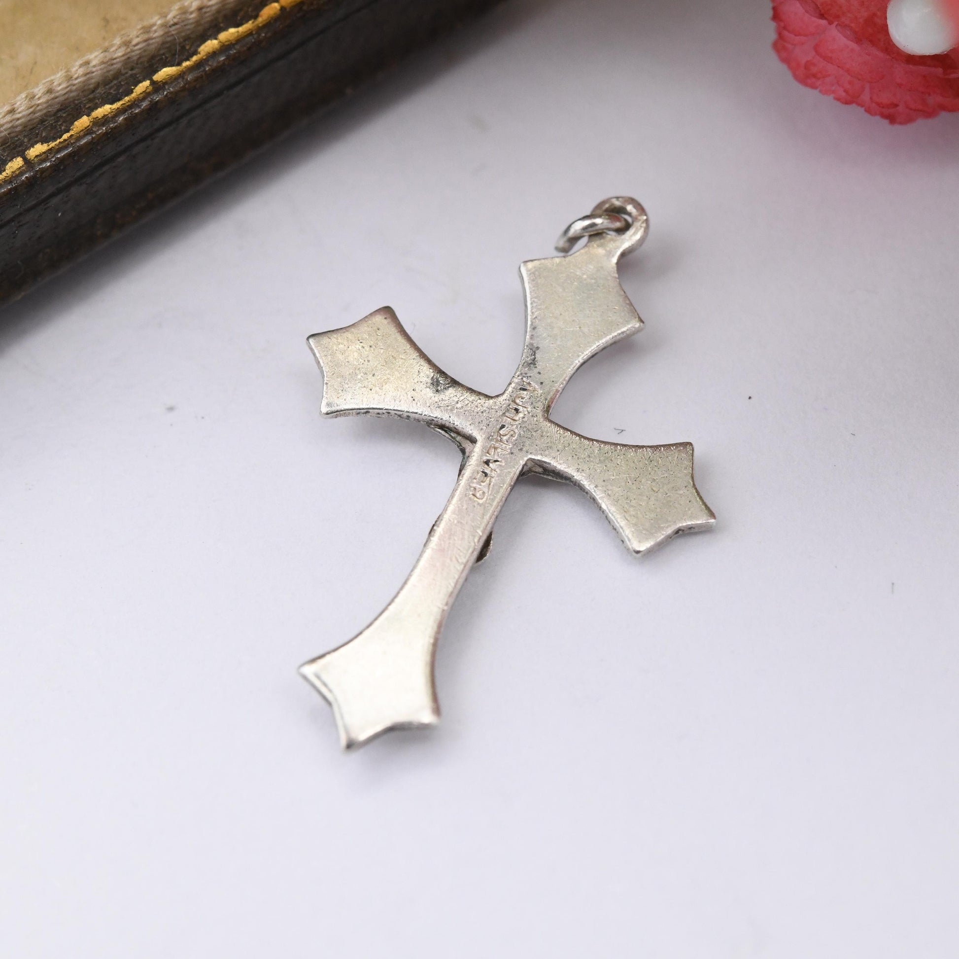 Vintage Sterling Silver Christ on the Cross Pendant - Flared Edges Stylised Cross Antique Style