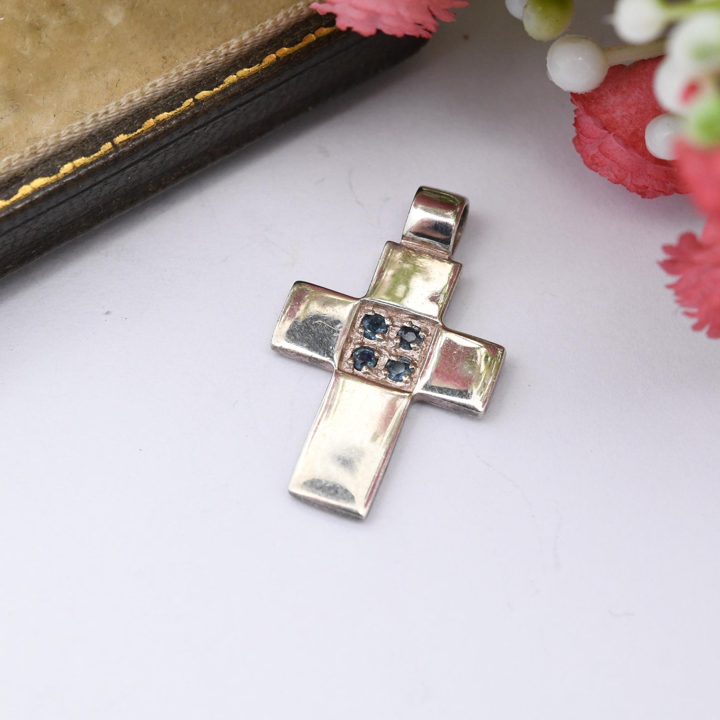 Vintage Sterling Silver Sapphire Cross Pendant by Sea Gems - Religious Christian Pendant | Pretty Little Cross Charm | Gift for Daughter