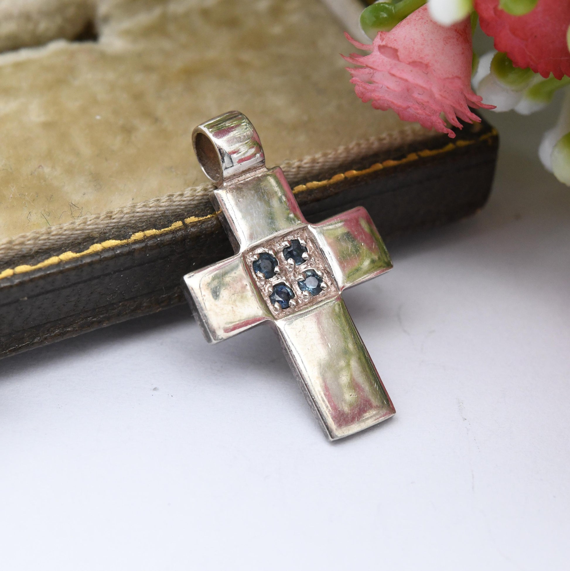 Vintage Sterling Silver Sapphire Cross Pendant by Sea Gems - Religious Christian Pendant | Pretty Little Cross Charm | Gift for Daughter