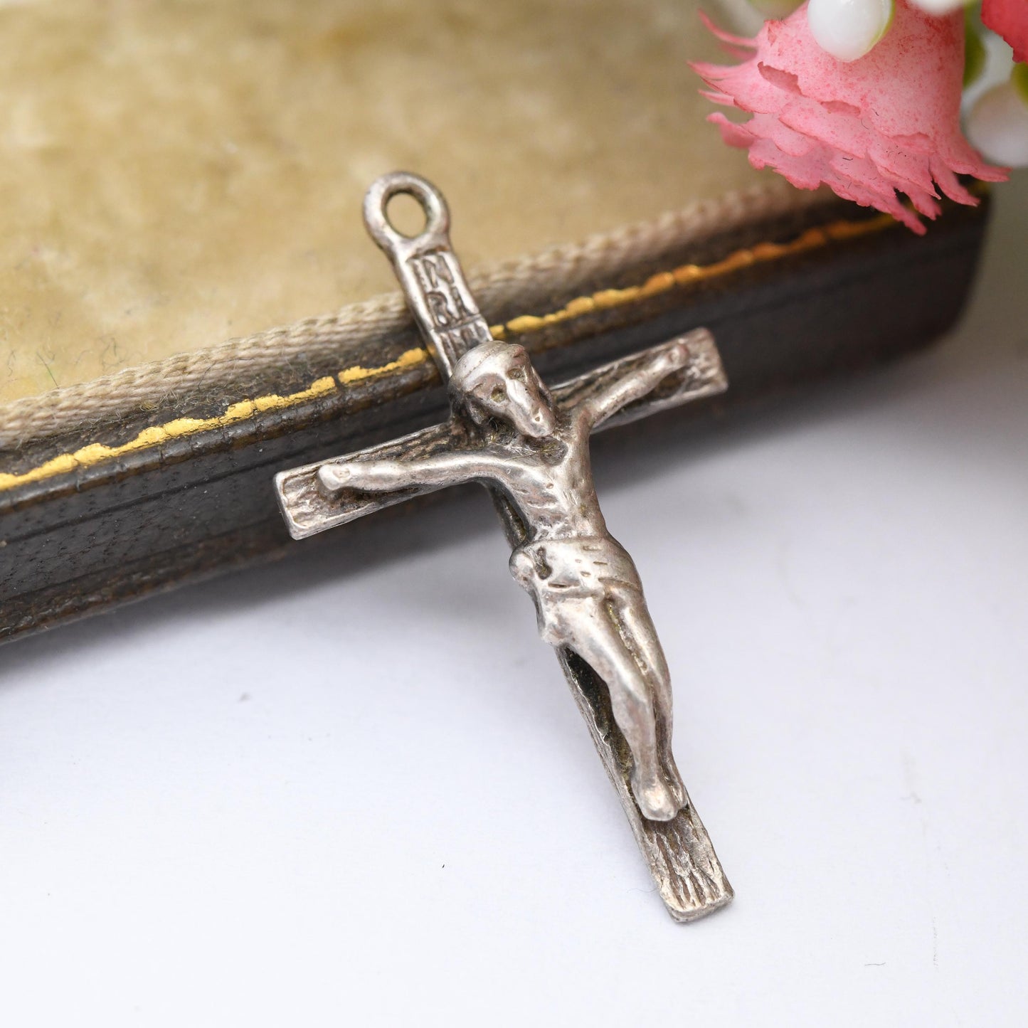 Vintage Sterling Silver Christ on the Cross Pendant Charm INRI - Sweet Mid-Century Solid Silver Christian Gift for Christening Baptism