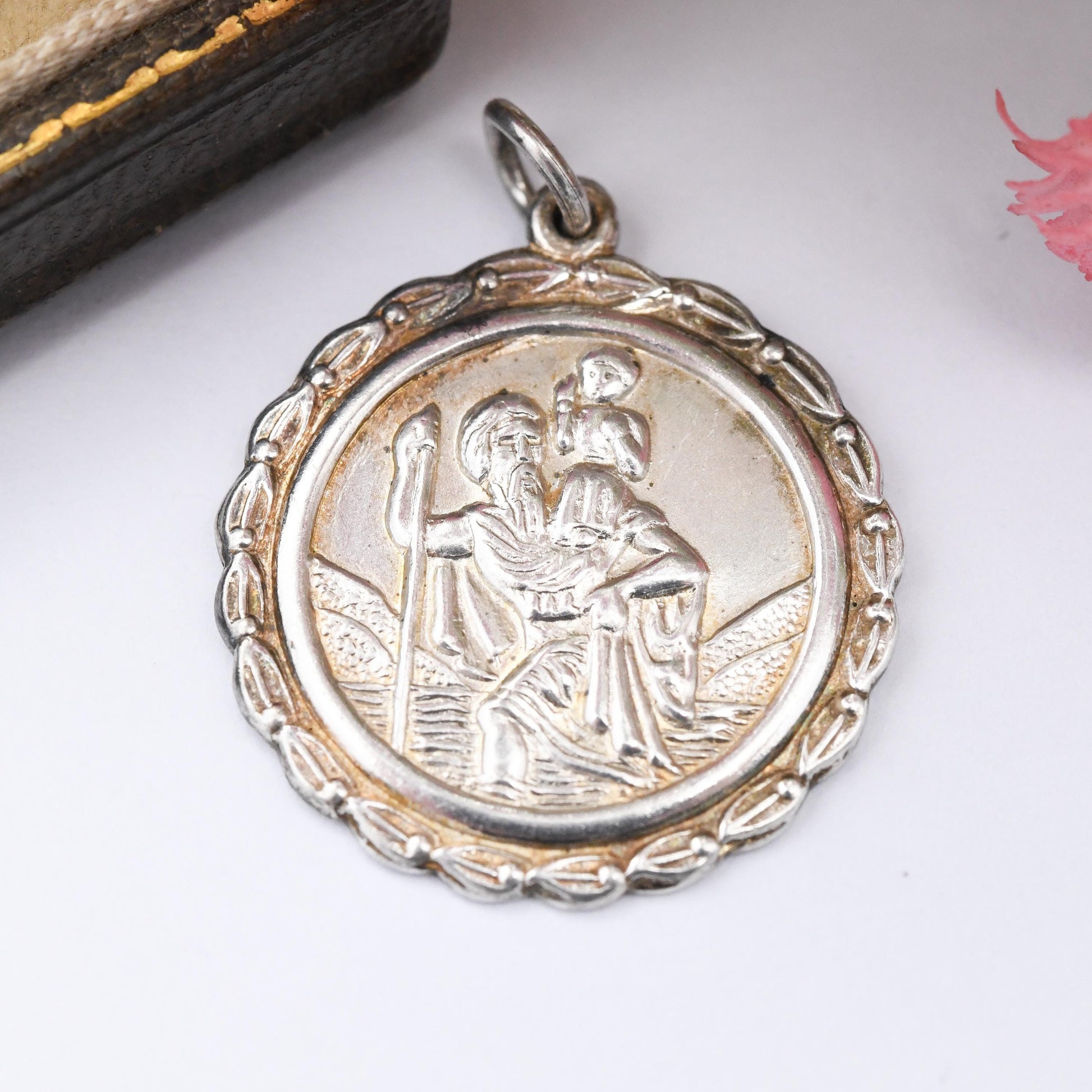 Vintage Sterling Silver St. Christopher Pendant - Wreath Design | Mid-Century Protect Us Charm | Patron Saint of Travelling