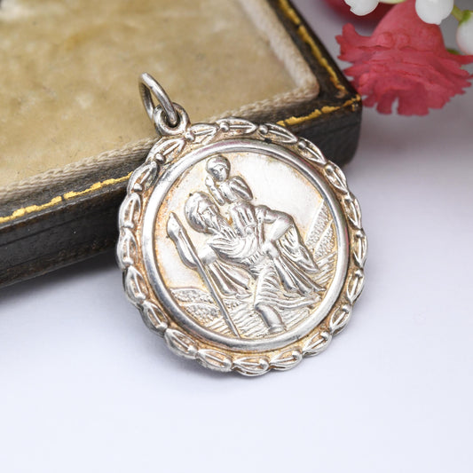 Vintage Sterling Silver St. Christopher Pendant - Wreath Design | Mid-Century Protect Us Charm | Patron Saint of Travelling