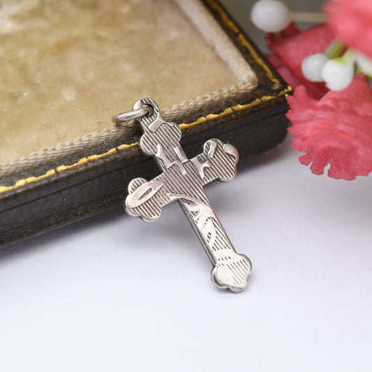 Vintage Sterling Silver Cross Pendant with Textured Pattern - Sweet Christening Jewellery Gift Present for Christian