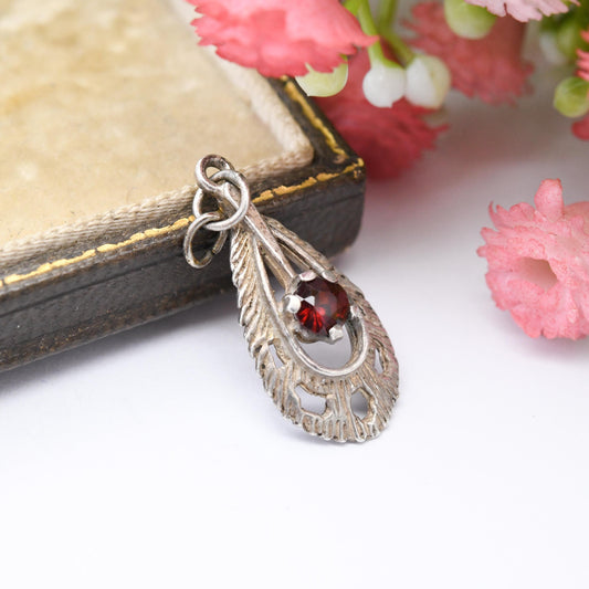 Vintage Mid-Century Sterling Silver Garnet Pendant - Textured Teardrop Shape | Faceted Prong Set Red Gemstone | Gift for Charm Necklace