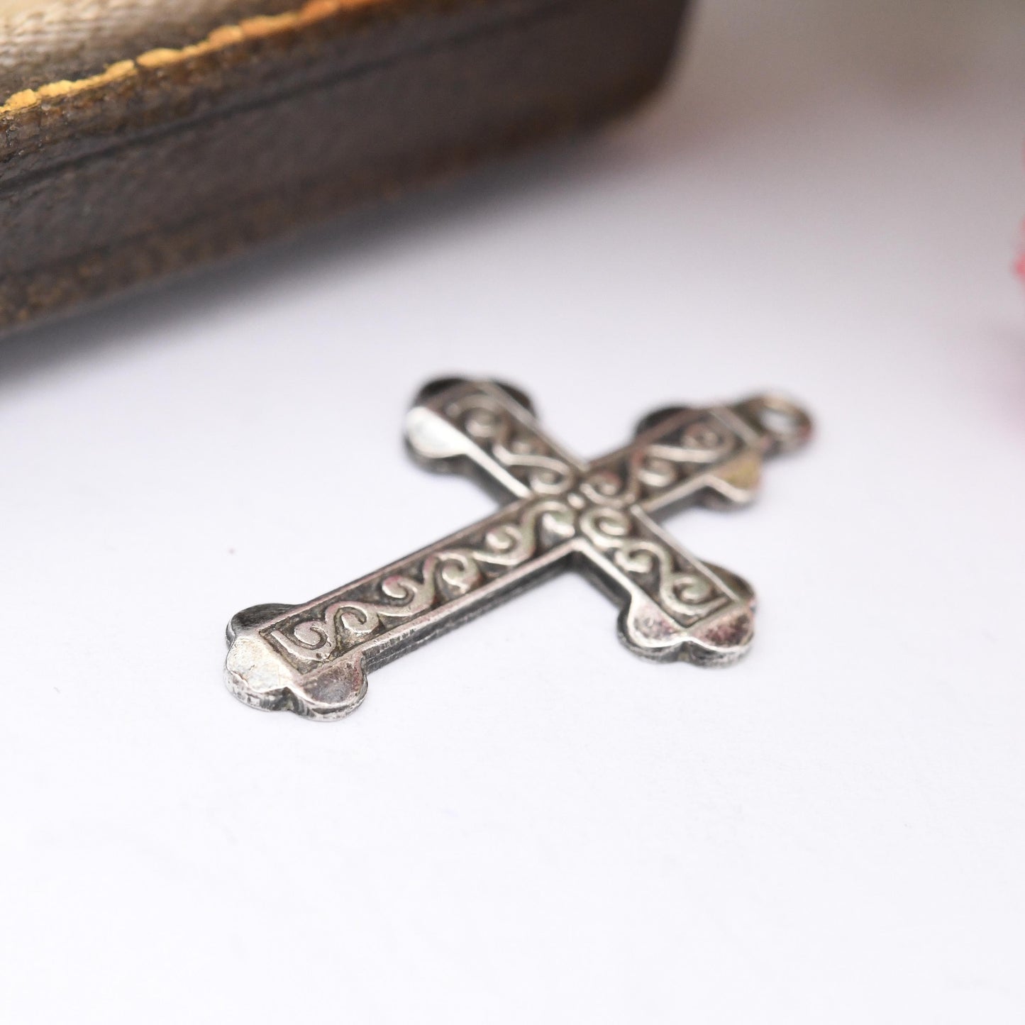 Vintage Sterling Silver Cross Pendant with Engraved Spiral S Pattern - Sweet Christening Jewellery Gift Present Christian Charm for Necklace