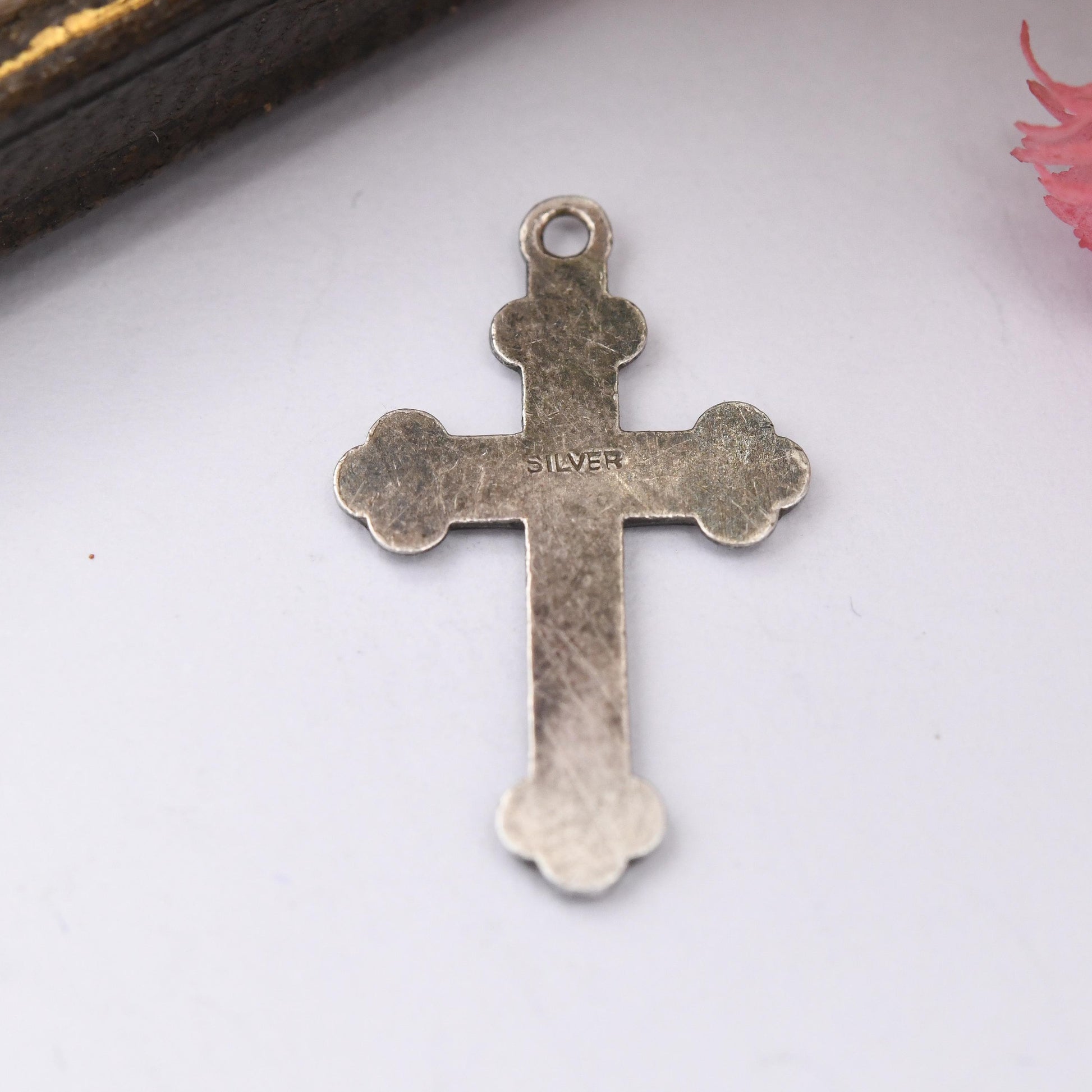 Vintage Sterling Silver Cross Pendant with Engraved Spiral S Pattern - Sweet Christening Jewellery Gift Present Christian Charm for Necklace