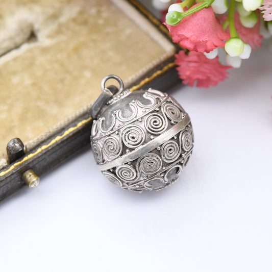 Vintage Cannetille Sterling Silver Harmony Ball Chime Bell Pendant - Bola Angel Caller | Pretty Filigree Necklace Charm | Gift for Pregnancy