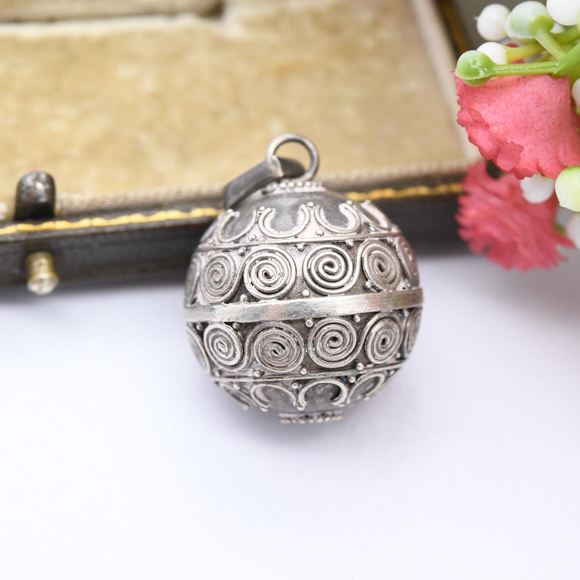 Vintage Cannetille Sterling Silver Harmony Ball Chime Bell Pendant - Bola Angel Caller | Pretty Filigree Necklace Charm | Gift for Pregnancy