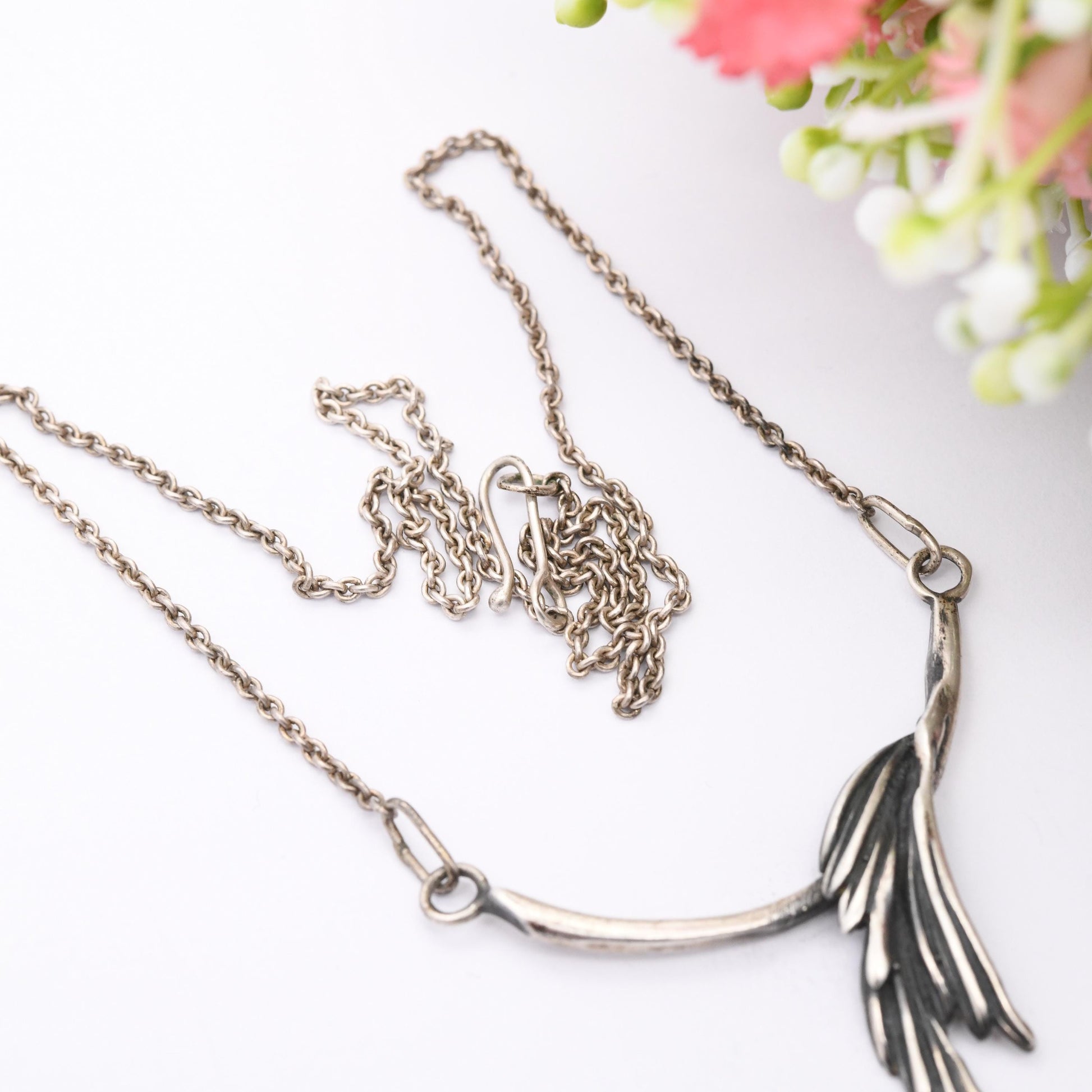 Vintage Mid-Century European Silver Leaf Pendant Necklace - Modernist Figural Integrated Pendant | Pretty Silver Jewellery Gift for Her