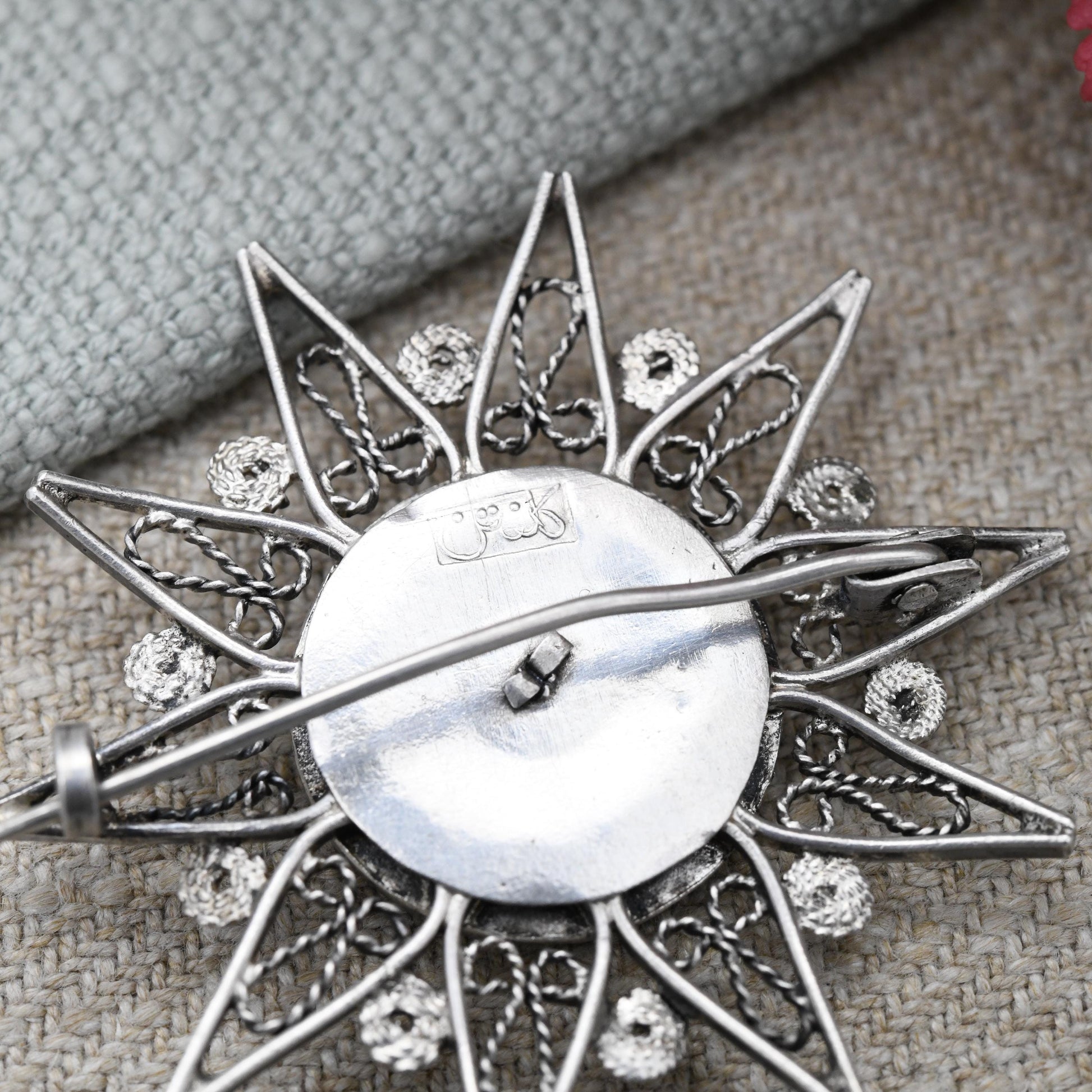 Vintage Filigree Silver and Horn Dagger Brooch Kris Keris - Star Shaped Brooch with Arabic Marks