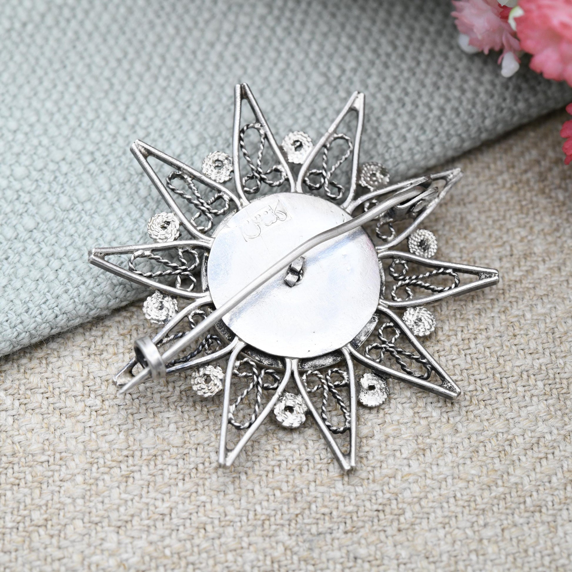 Vintage Filigree Silver and Horn Dagger Brooch Kris Keris - Star Shaped Brooch with Arabic Marks