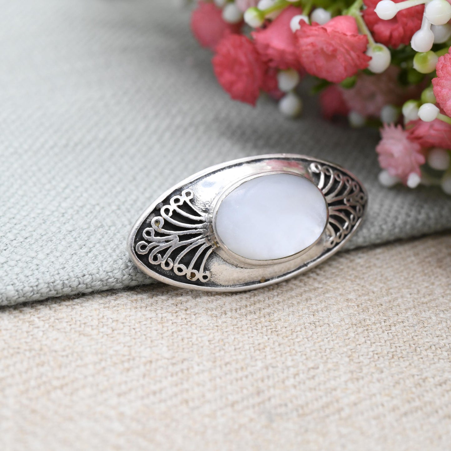 Vintage Sterling Silver Mother of Pearl Brooch with Pretty Swirling Design - Art Nouveau Style | Cabochon White Stone Oval | Gift for Her