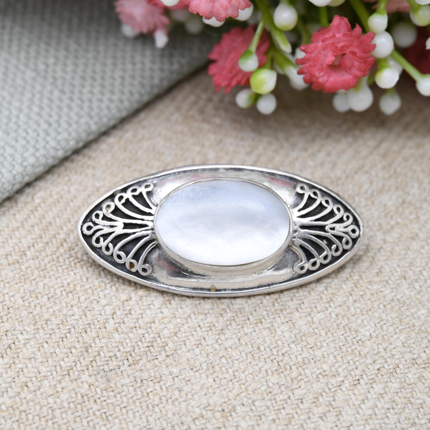 Vintage Sterling Silver Mother of Pearl Brooch with Pretty Swirling Design - Art Nouveau Style | Cabochon White Stone Oval | Gift for Her