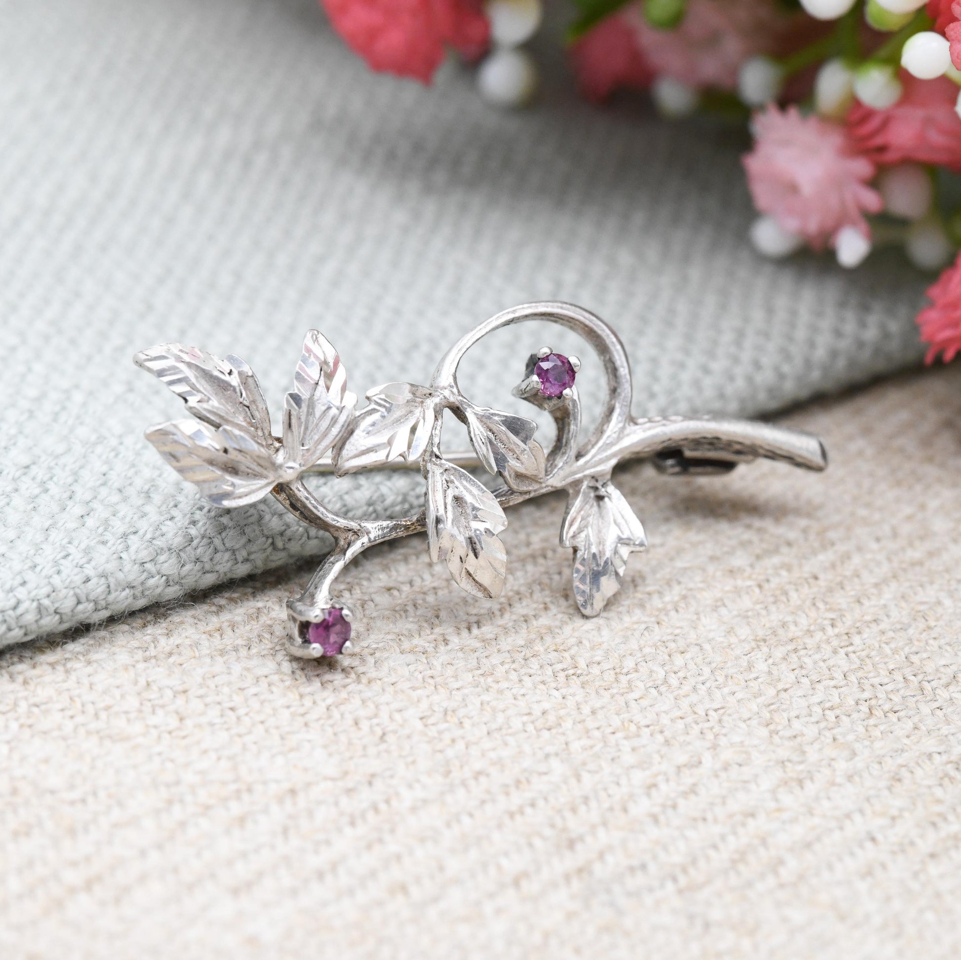 Vintage Sterling Silver Ruby Flower Brooch - Mid-Century Textured Leaf Design | Berries on a Branch | Sweet Jewellery Gift for Her