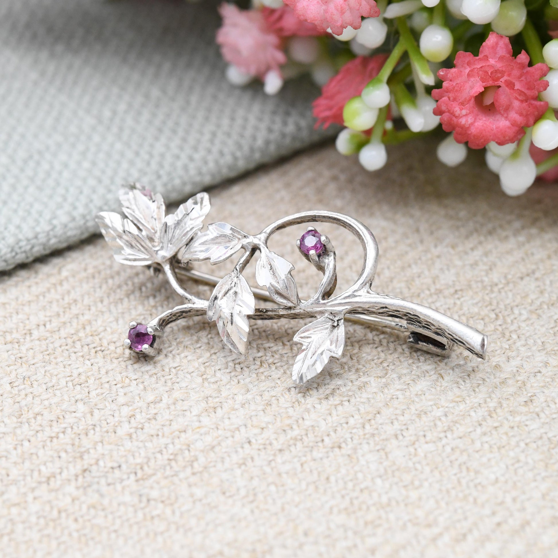 Vintage Sterling Silver Ruby Flower Brooch - Mid-Century Textured Leaf Design | Berries on a Branch | Sweet Jewellery Gift for Her