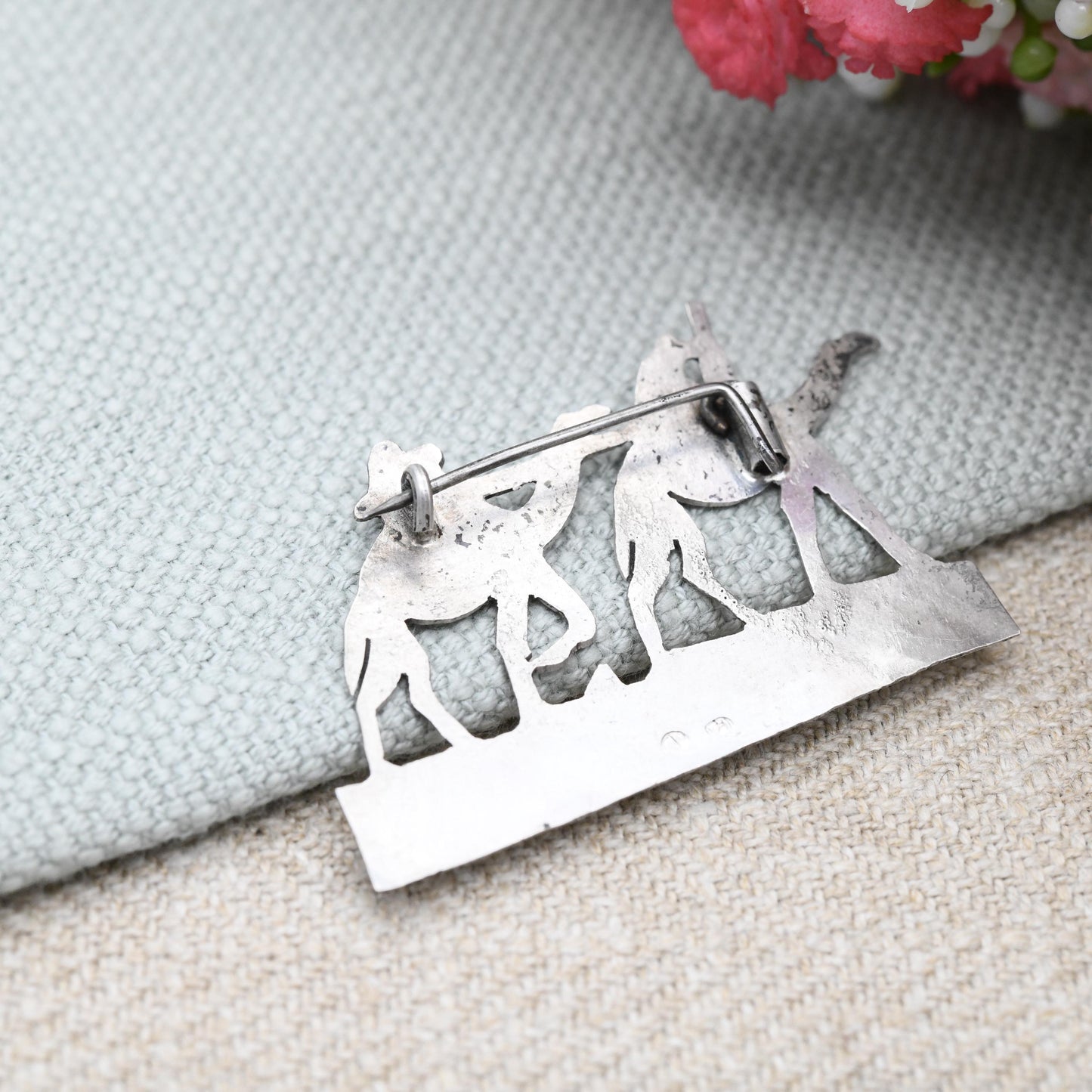 Vintage Silver Camel Brooch - Men Riding Camel Train Caravan | Sahara Desert Scene Souvenir | Black Niello | Silver Figural Brooch