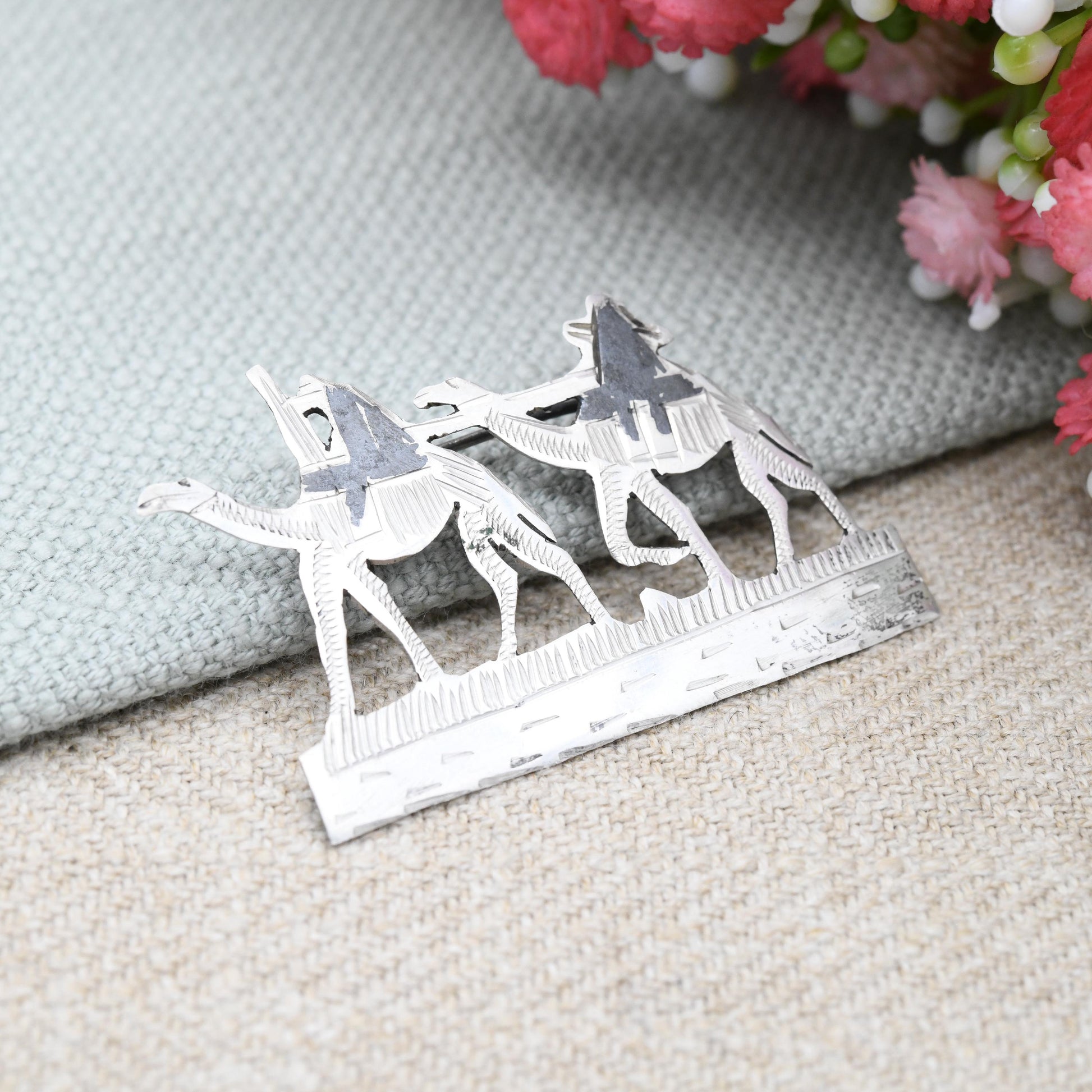 Vintage Silver Camel Brooch - Men Riding Camel Train Caravan | Sahara Desert Scene Souvenir | Black Niello | Silver Figural Brooch