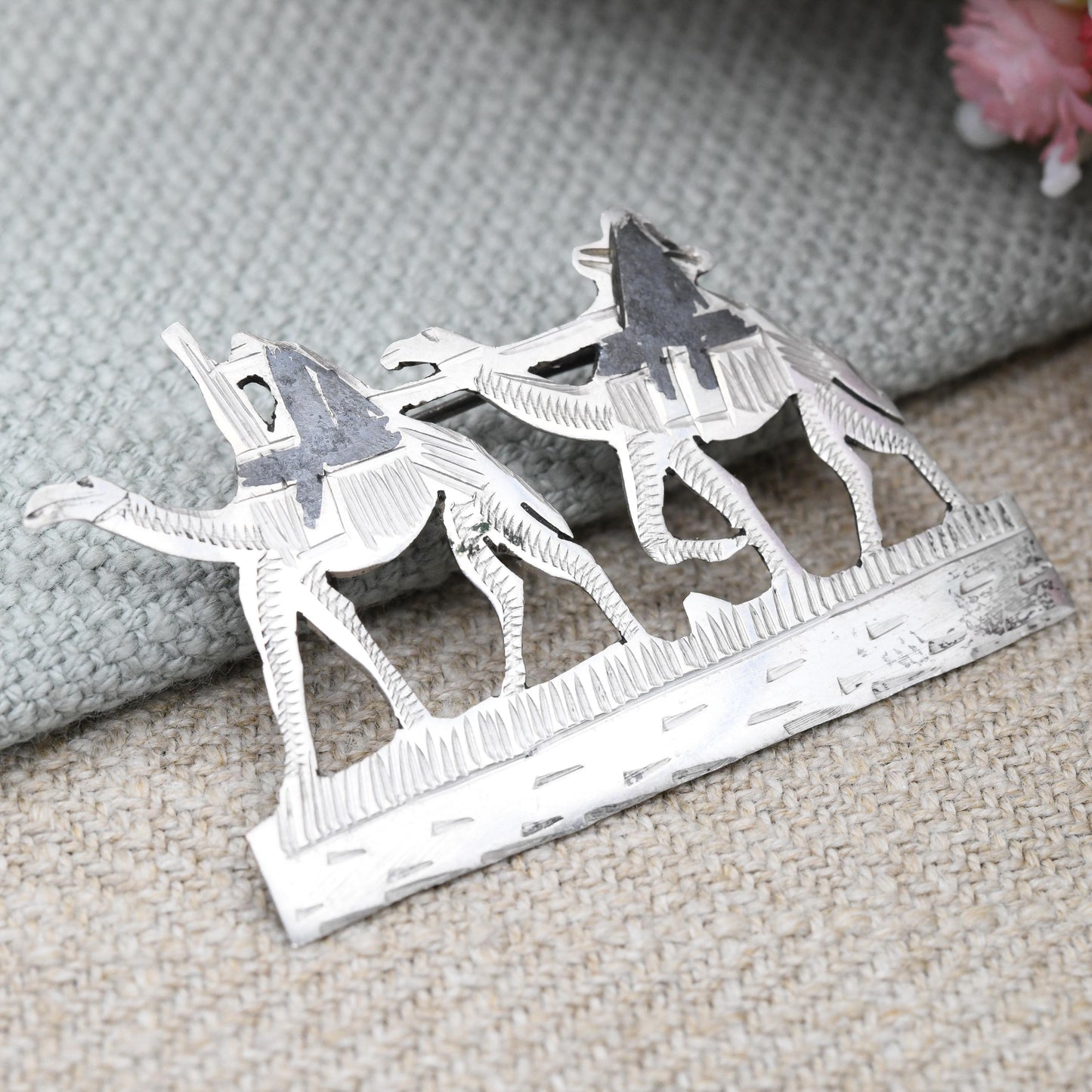 Vintage Silver Camel Brooch - Men Riding Camel Train Caravan | Sahara Desert Scene Souvenir | Black Niello | Silver Figural Brooch