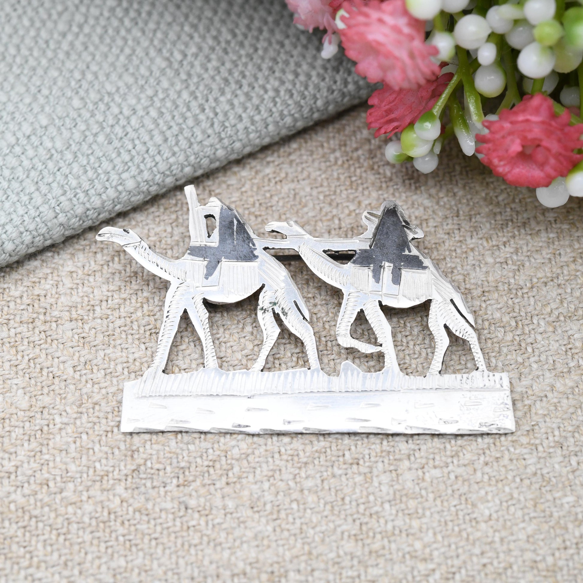 Vintage Silver Camel Brooch - Men Riding Camel Train Caravan | Sahara Desert Scene Souvenir | Black Niello | Silver Figural Brooch