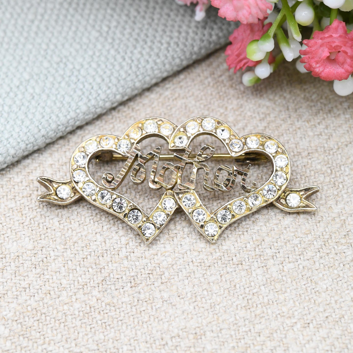 Vintage Sterling Silver Mother Heart Brooch with Clear Stone Crystals - Gold Plated | Love Hearts with Ribbon | Sentimental Mum Jewellery