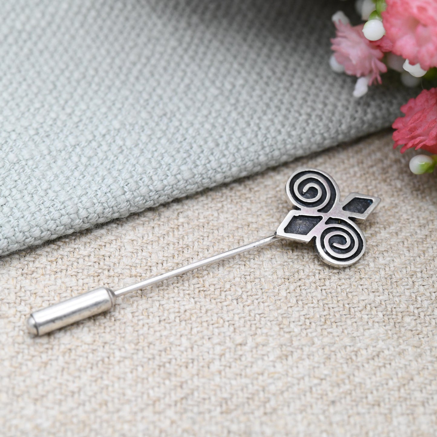 Vintage Ola Gorie Sterling Silver Tie Pin Scottish Celtic Design - Swirl Cross Diamond Shapes Designer Statement Silver Jewellery Gift