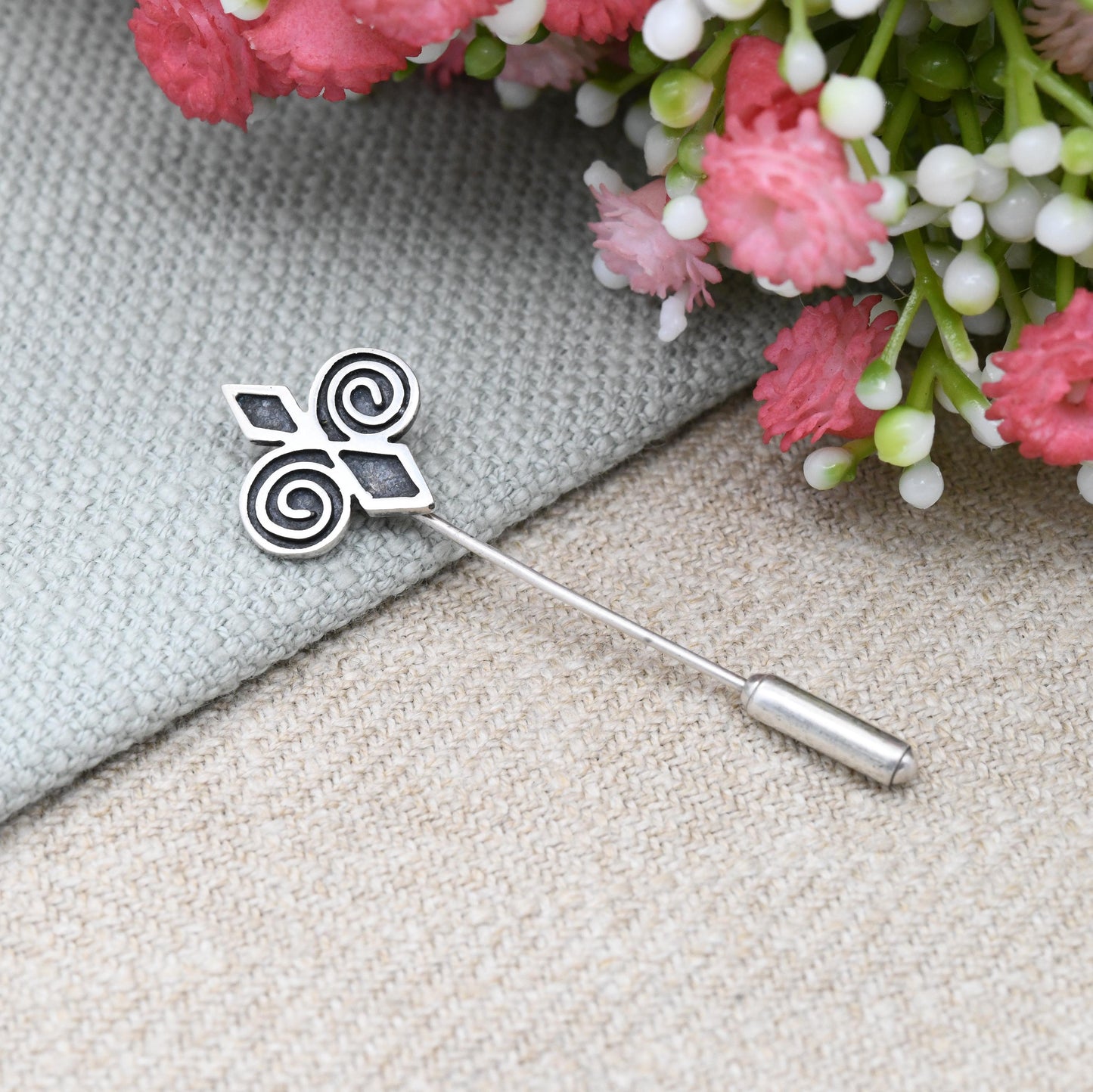 Vintage Ola Gorie Sterling Silver Tie Pin Scottish Celtic Design - Swirl Cross Diamond Shapes Designer Statement Silver Jewellery Gift